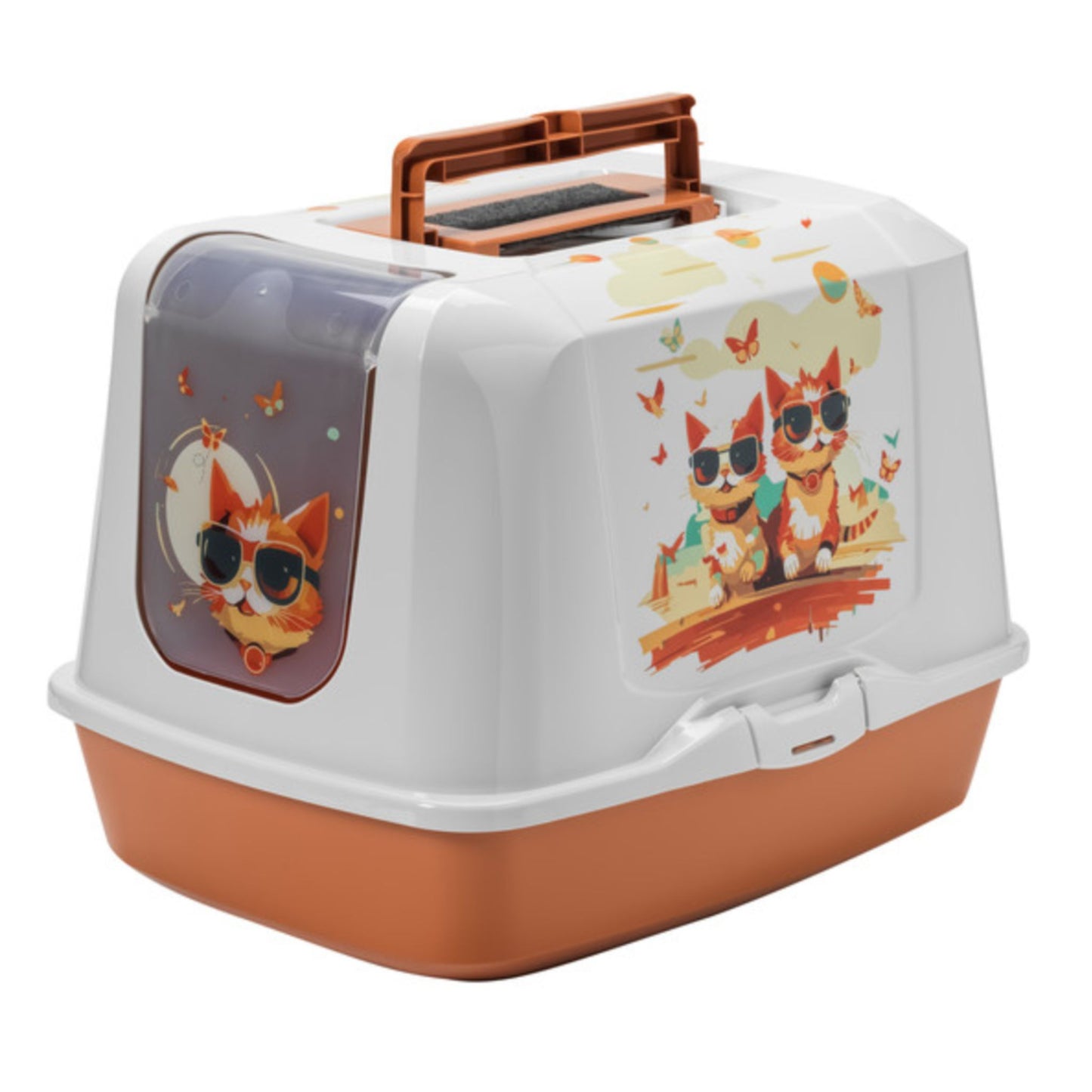Cat litter box with cartoon designs on a white background