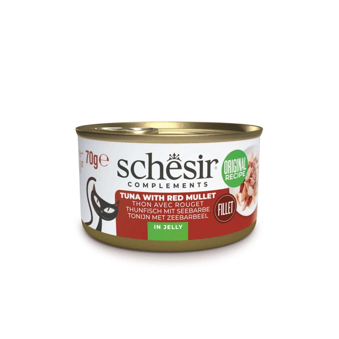 Can of Schesir tuna with red mullet cat food on a white background