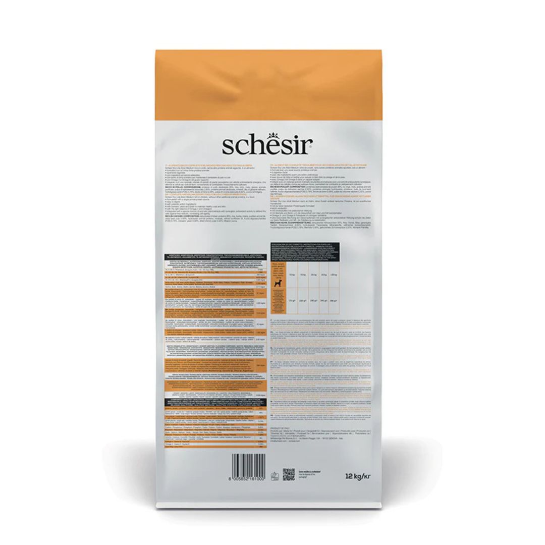 Schesir pet food packaging with detailed information on a white background