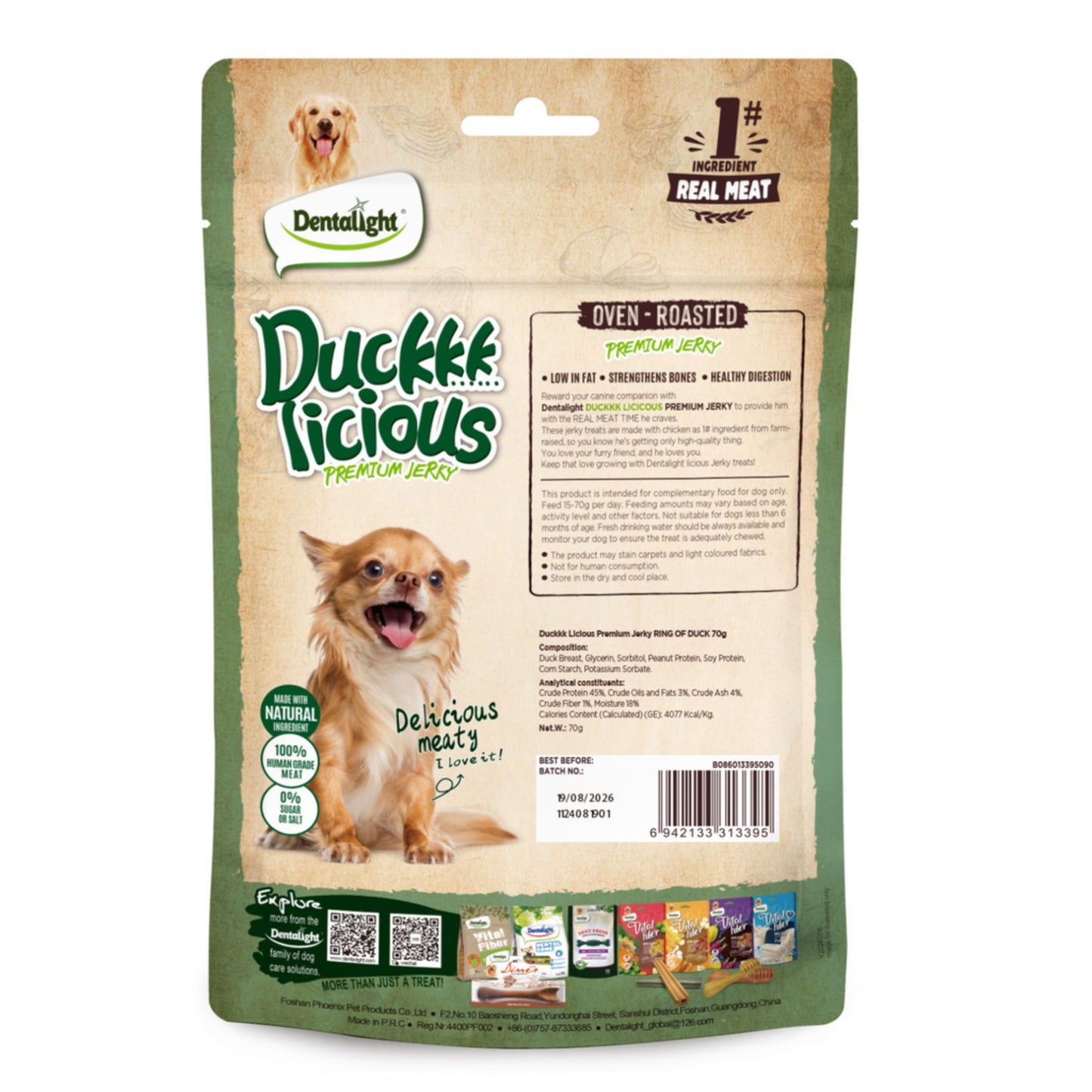 Package of Duckie Licious dog treats with branding and product details.