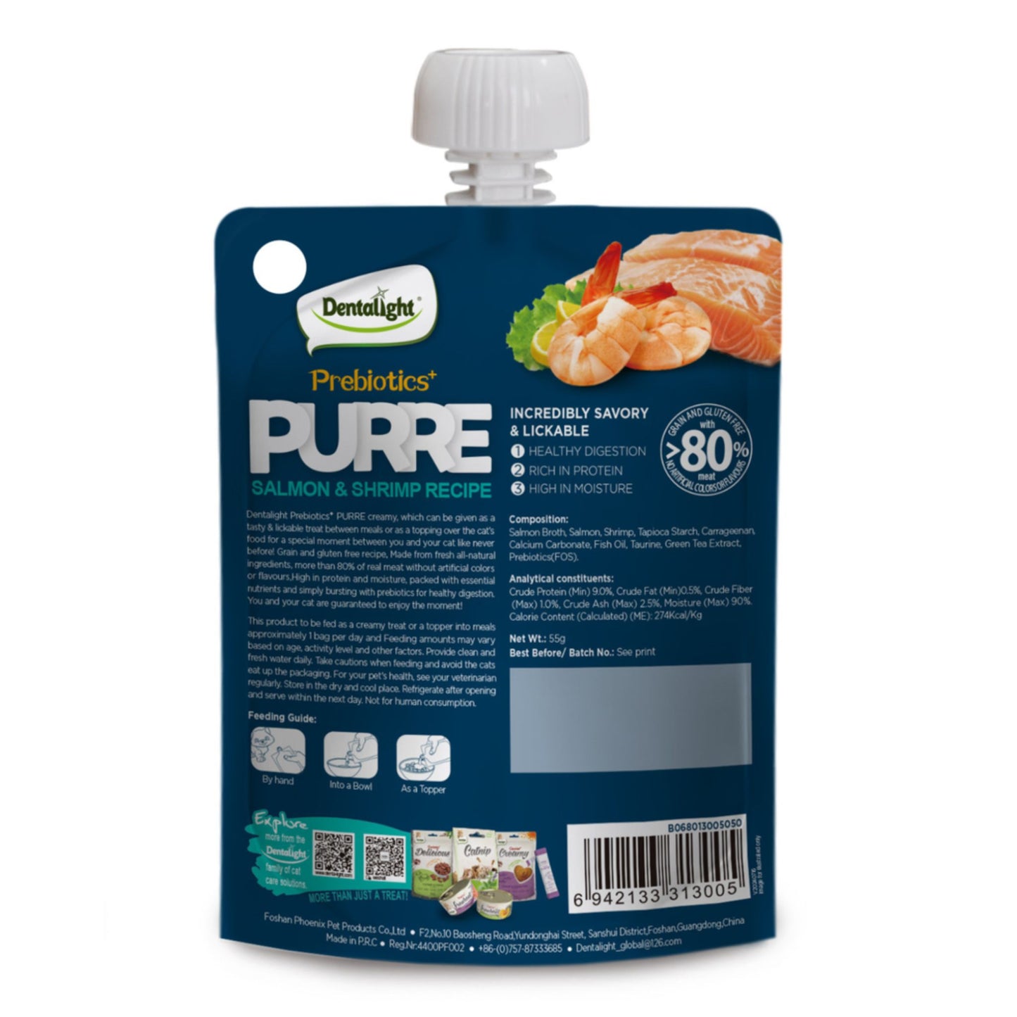 Dentalight Prebiotics Purre pouch for salmon and shrimp recipe on a white background