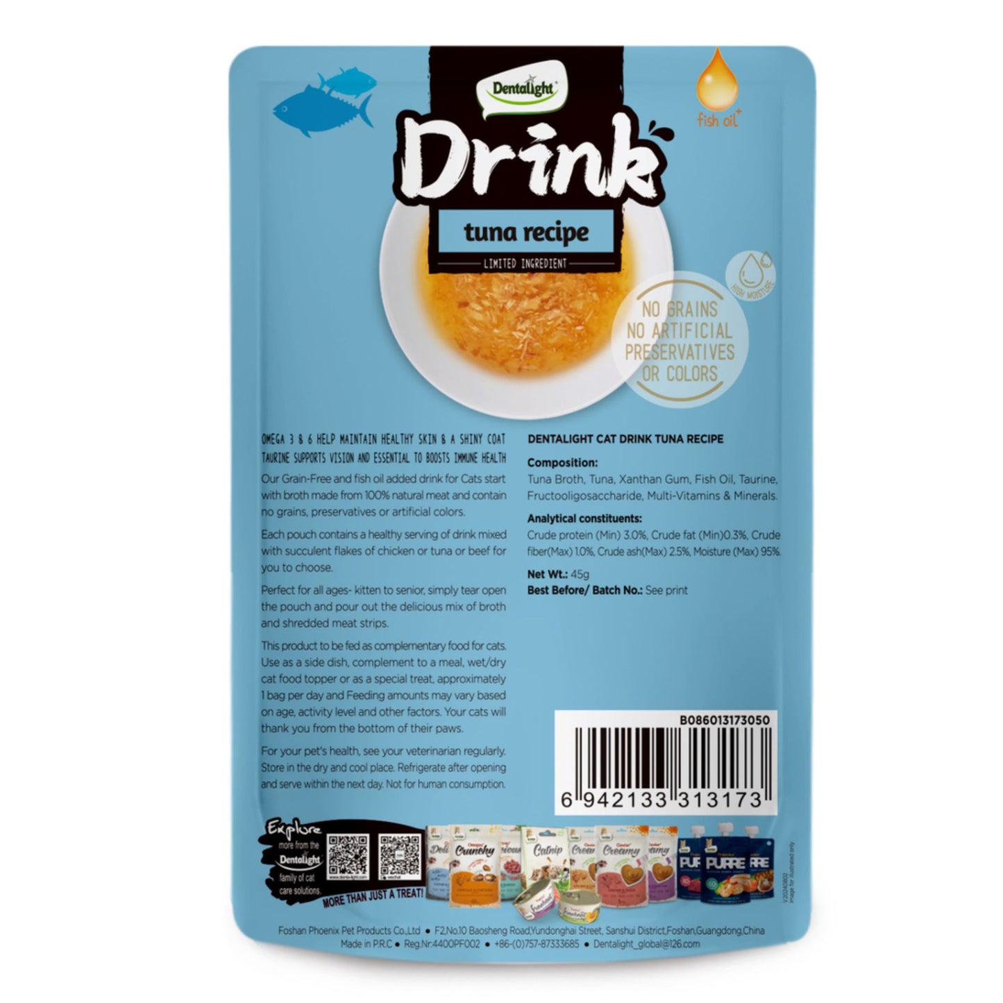 Dentalight cat drink pouch with tuna recipe on a white background