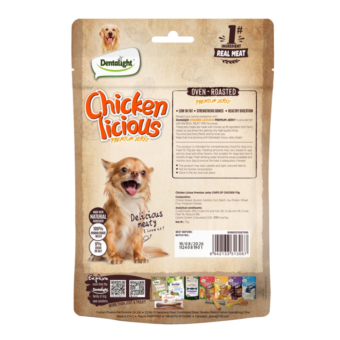 Dentalight Chicken Licious dog treat package on a white background