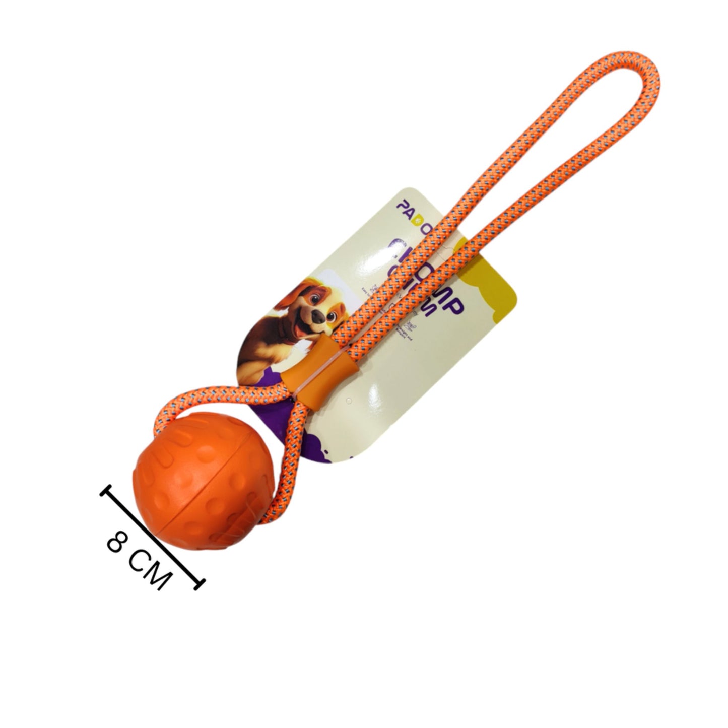 Orange dog toy with a rope and measurement label on a white background