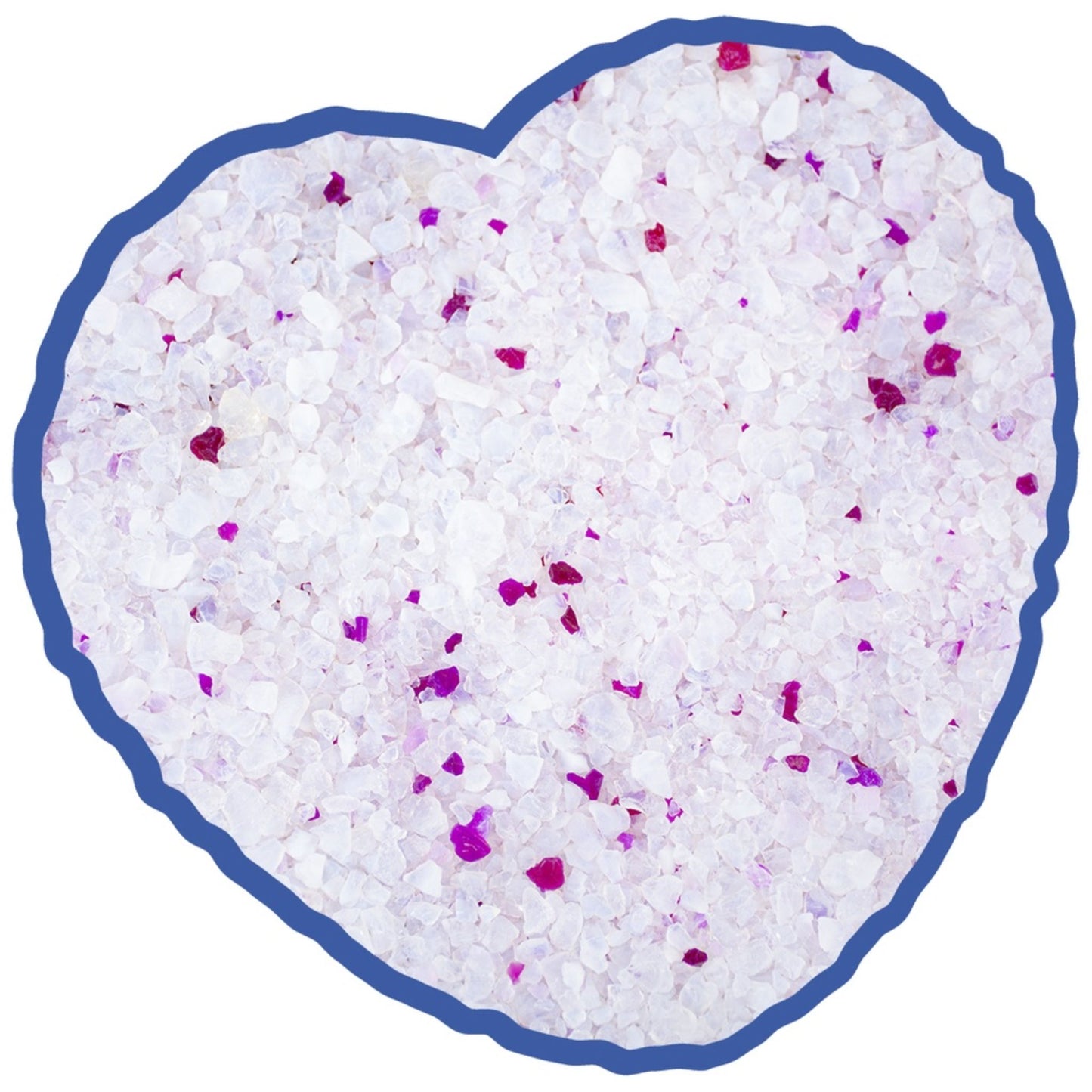 Heart-shaped container filled with white bath salts with pink and purple specks on a white background