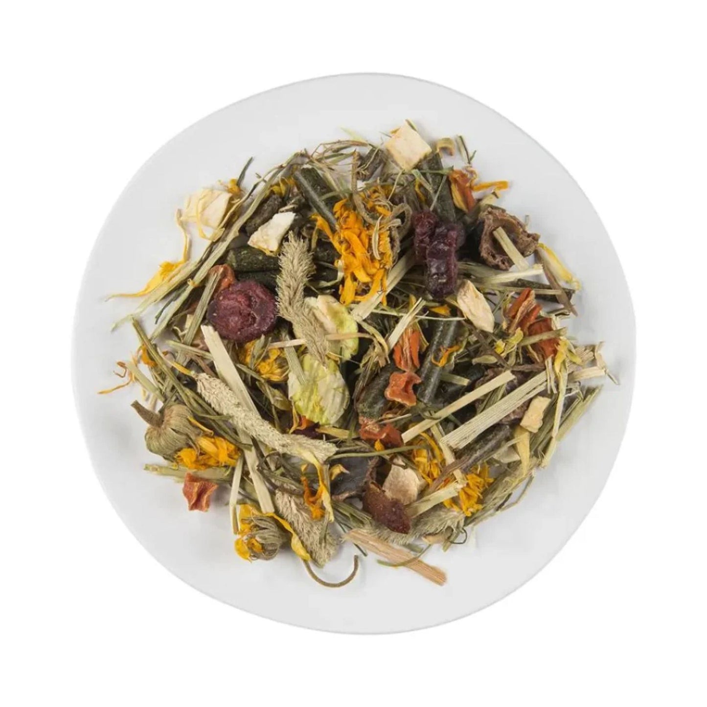 Assorted dried herbs and flowers on a white plate