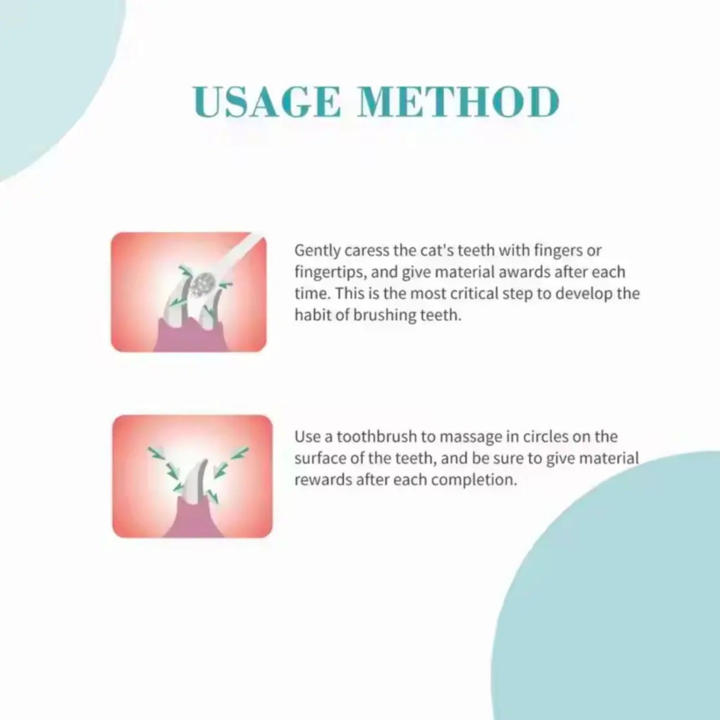 Instructions for pet dental care with icons and text on a light background