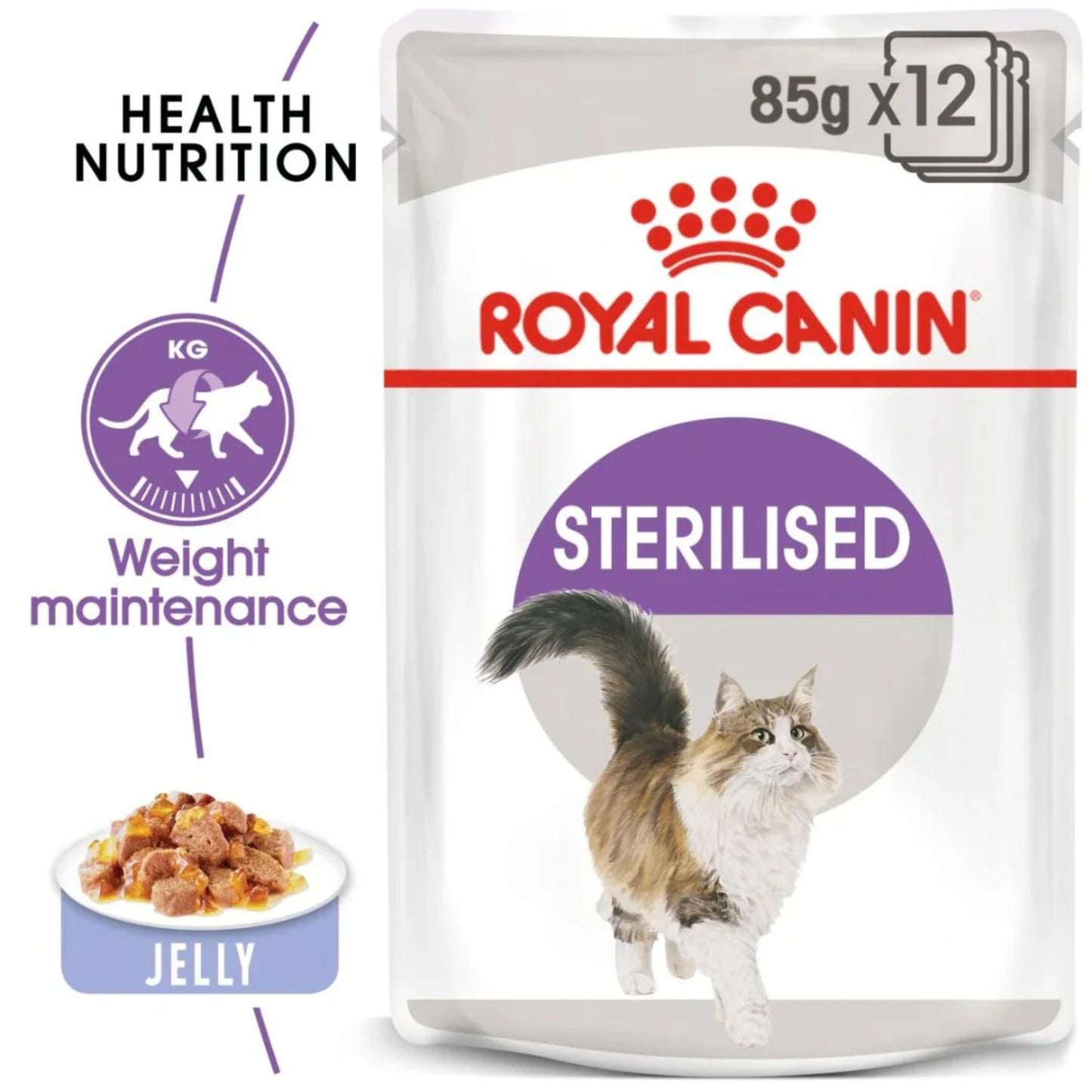 Royal Canin Sterilised cat food pouch on a white background