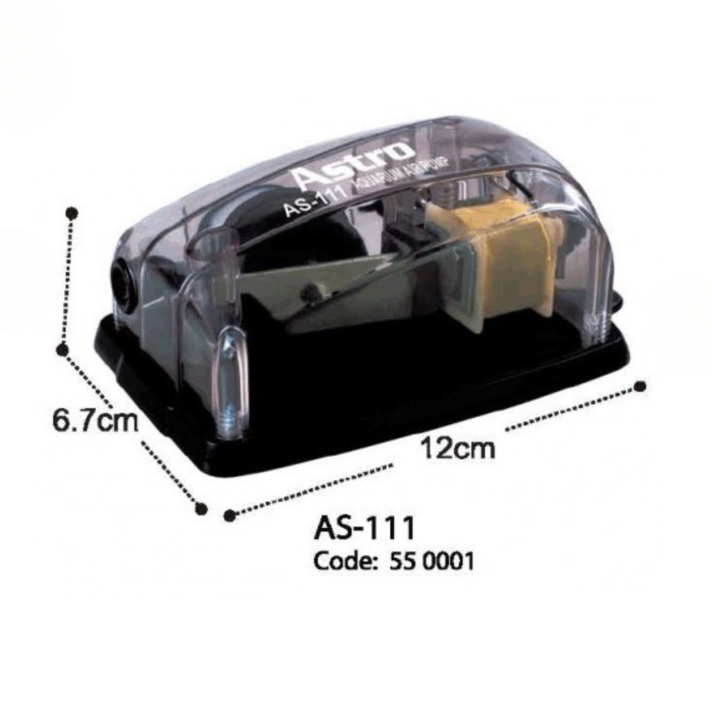 Clear plastic device with dimensions labeled on a white background