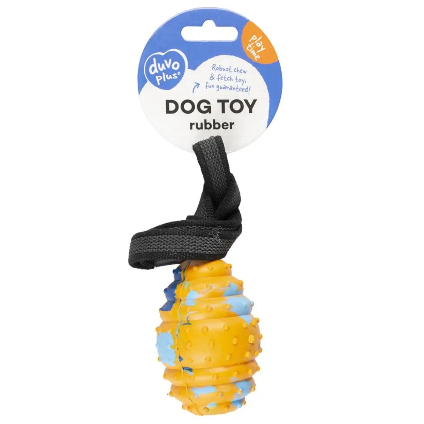 Dog toy with a black strap and blue label on a white background