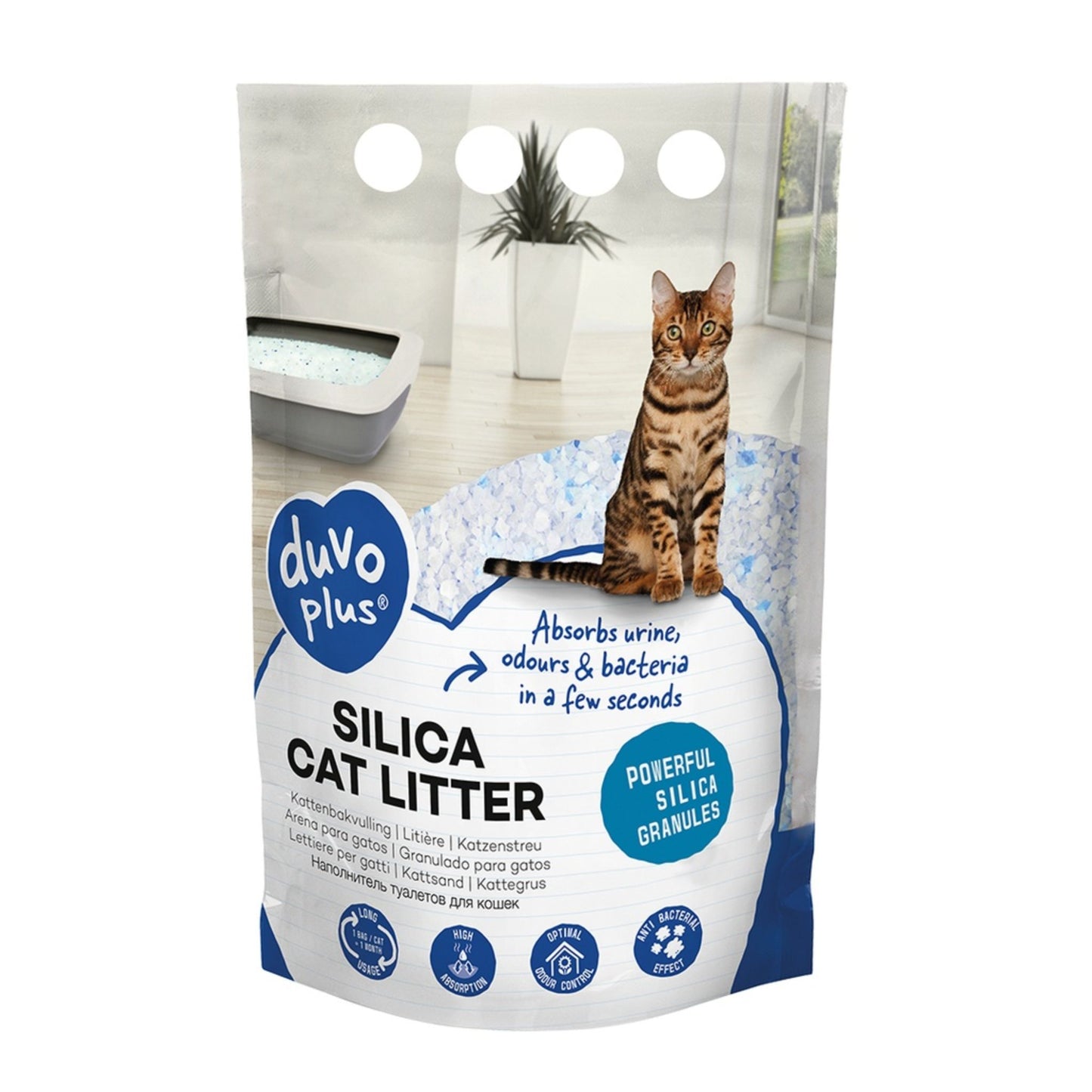 Package of duvo+ Silica Cat Litter with a cat on top, set against a white background.