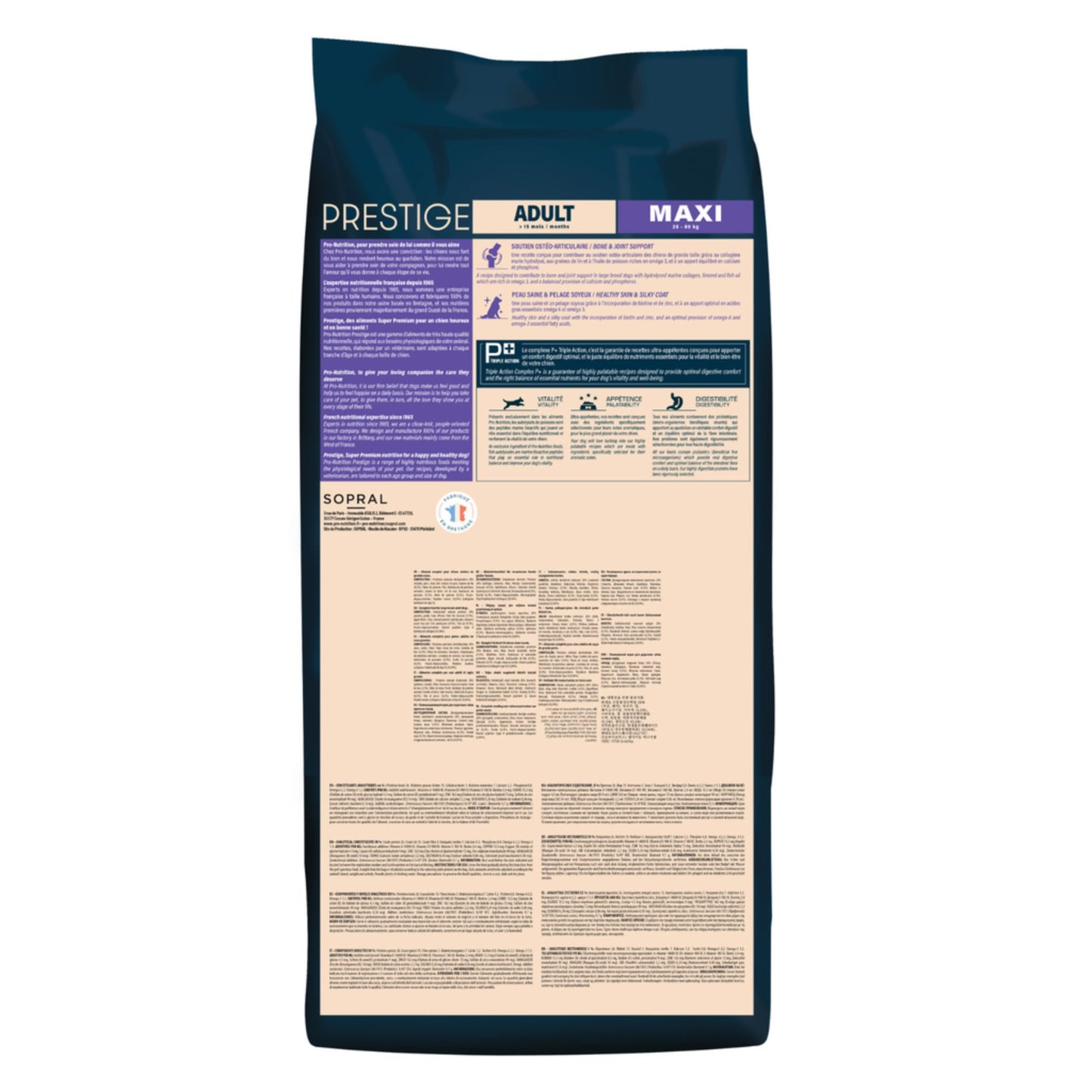 Dog food package with 'Prestige' branding on a white background