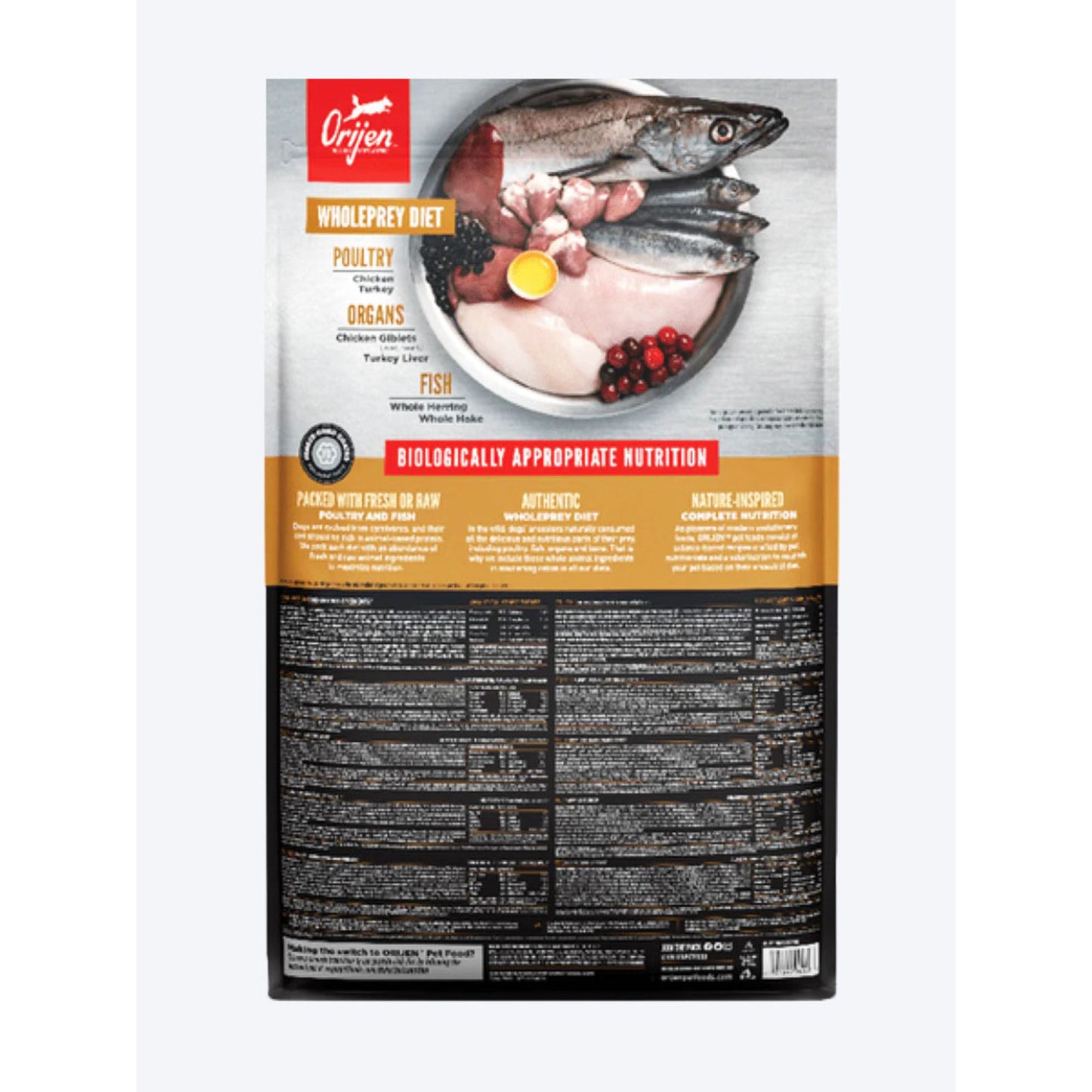 Orijen pet food package with images of fish and raw meat on a white background