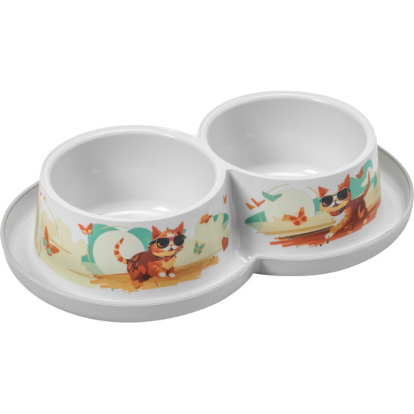 White ceramic double pet bowl with cat illustrations on a white background
