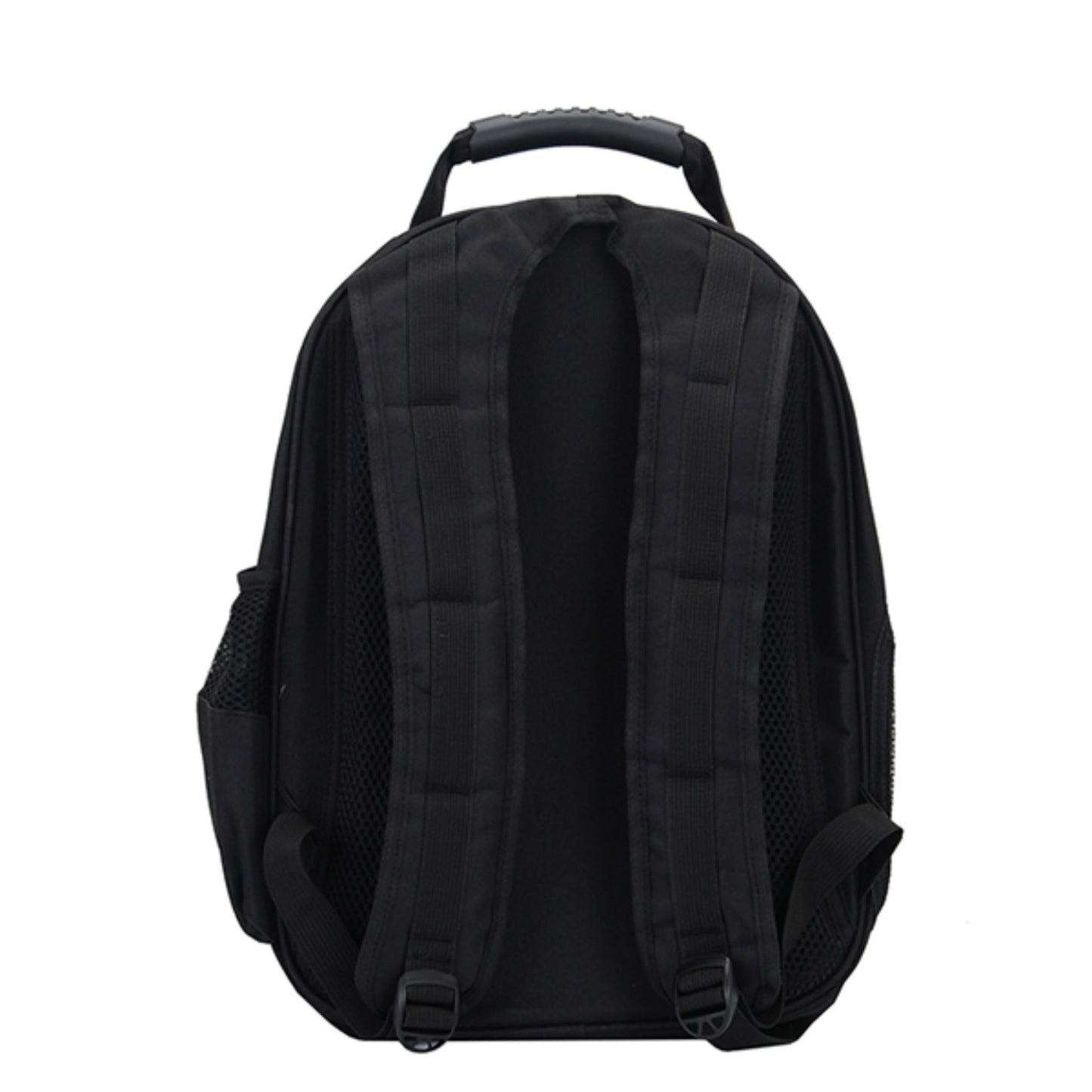 Black backpack shown from the back on a white background