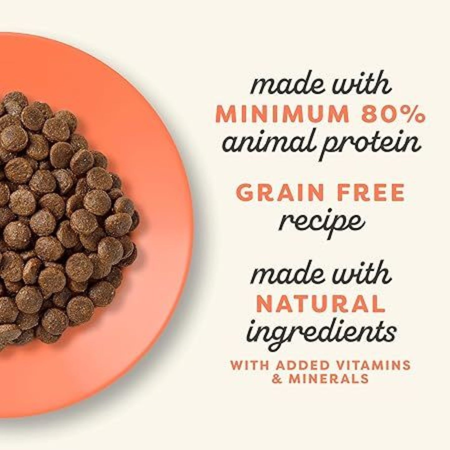 Dog food pellets on a plate with text about protein content and ingredients.