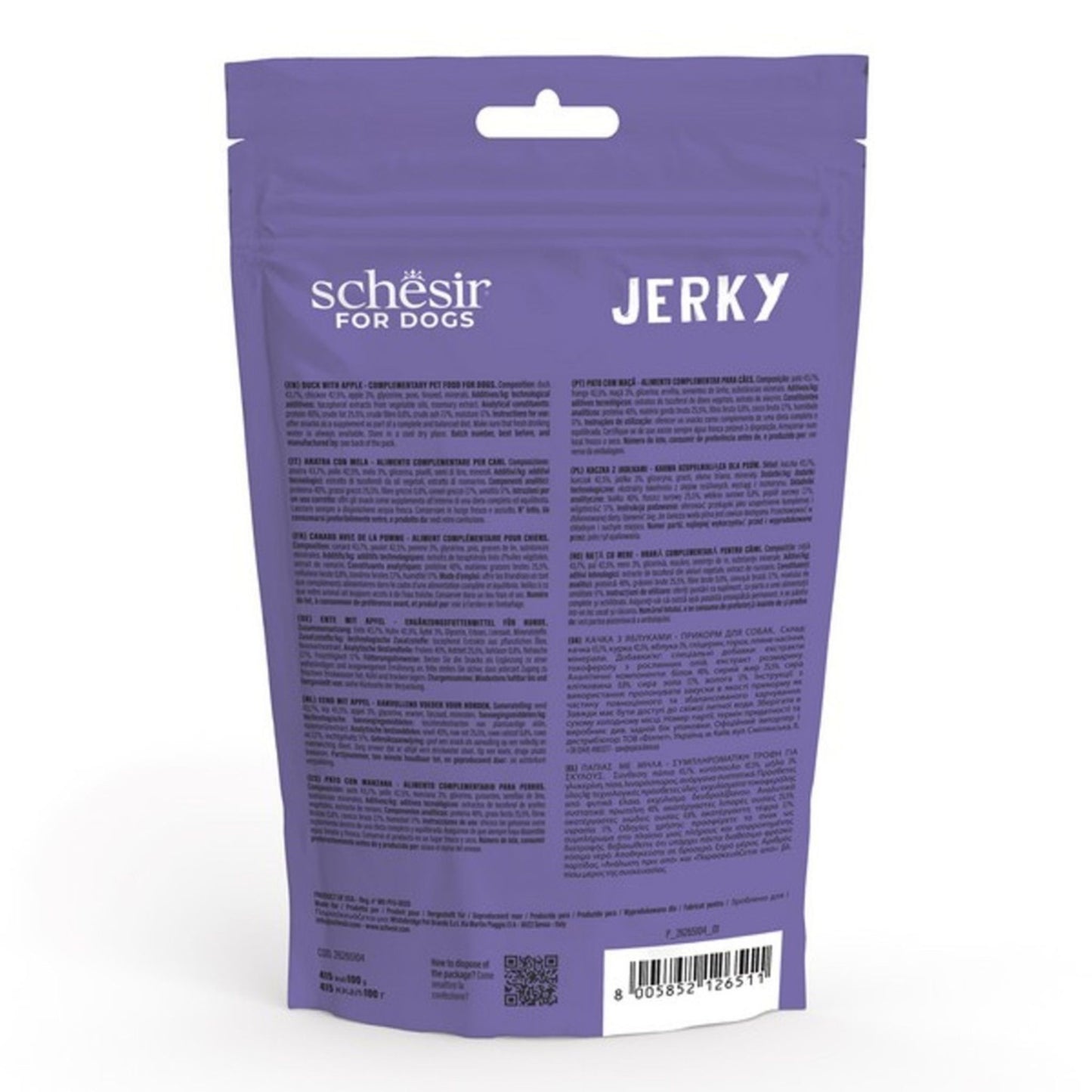 Purple package of schesir for dogs jerky on a white background