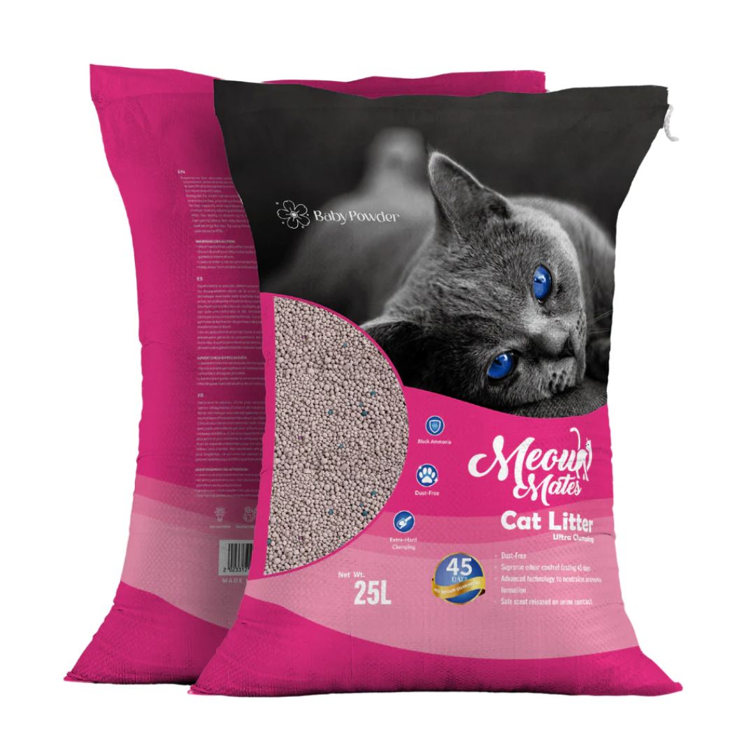Pink bag of Meow Mates cat litter with a cat on the label