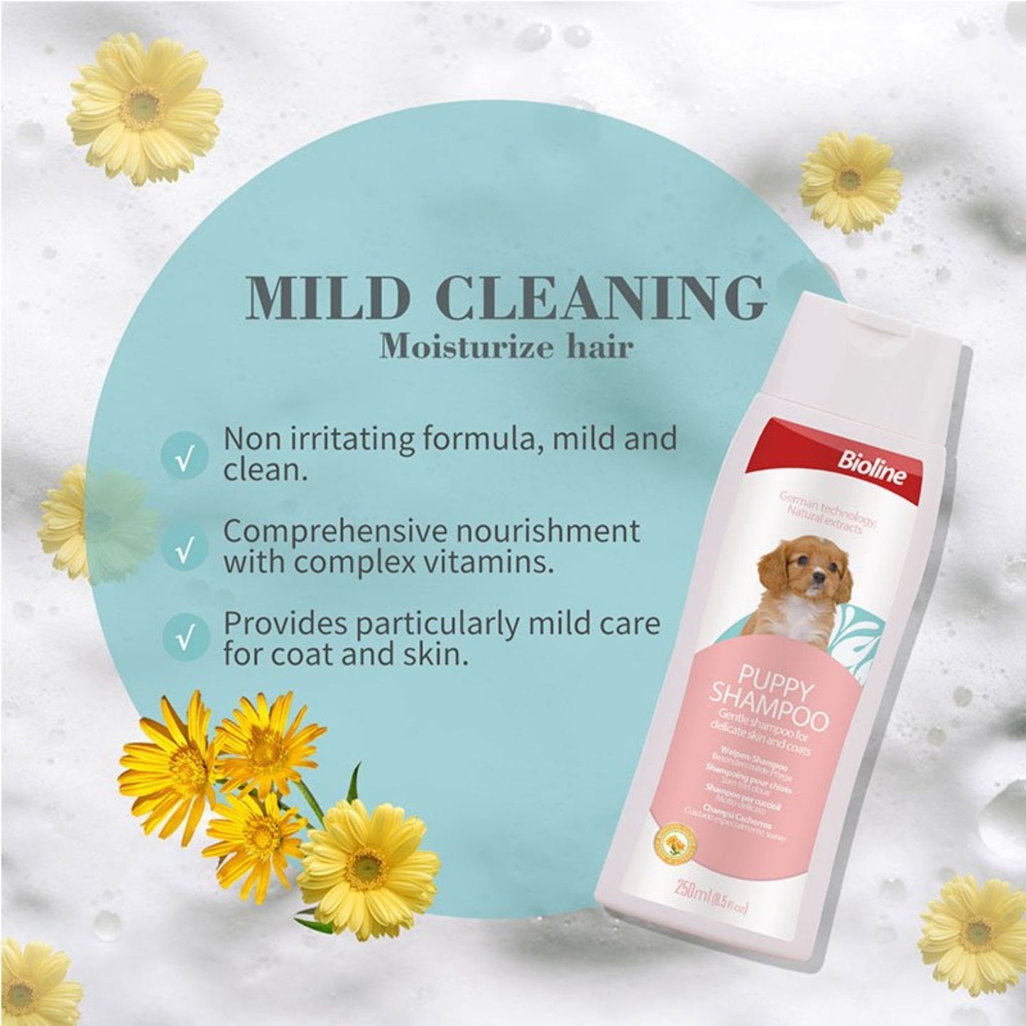 Bioline Puppy Shampoo bottle with product details and flowers on a light background