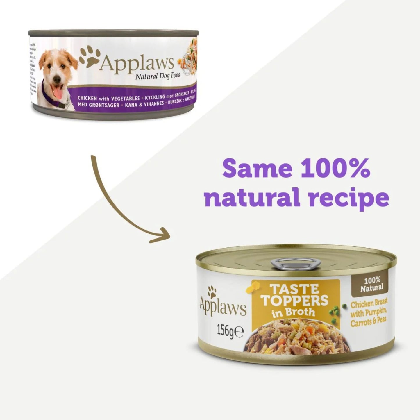 Two cans of Applaws dog food with labels showing different product types.