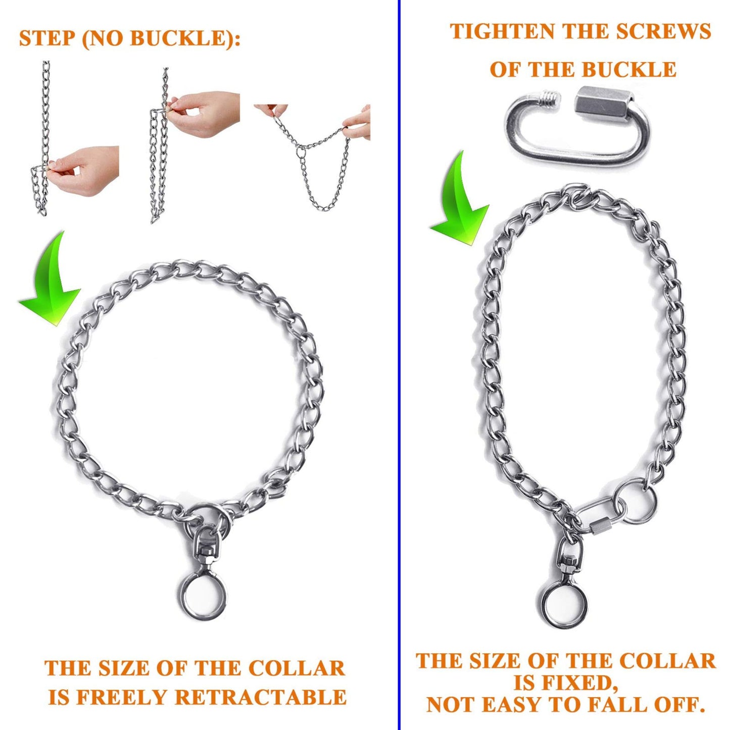 Instructions for adjusting a chain collar with a buckle on a white background.