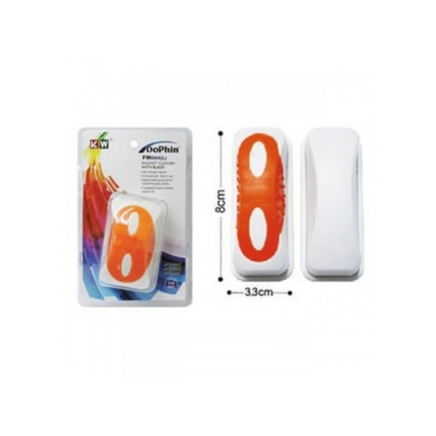 Orange and white rubber duck with packaging and measurements on a white background
