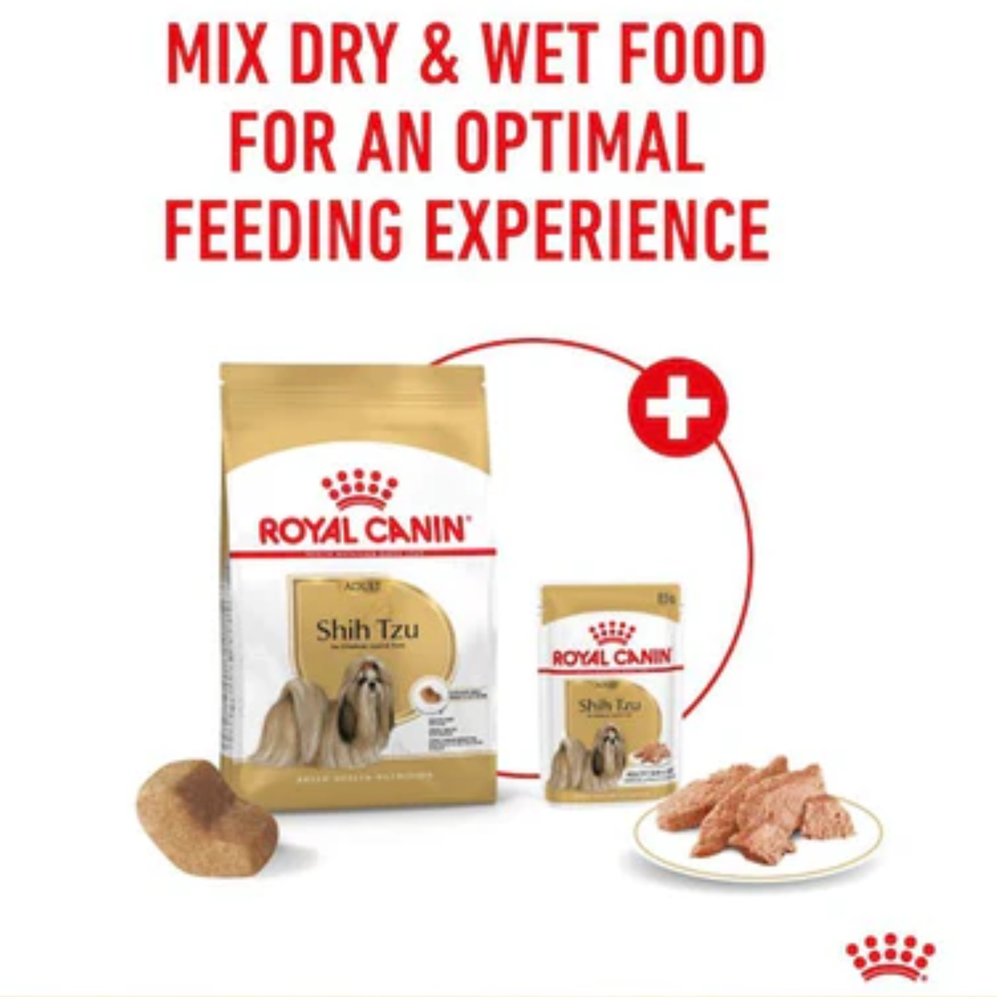 Royal Canin Shih Tzu dog food packaging with text on an optimal feeding experience.
