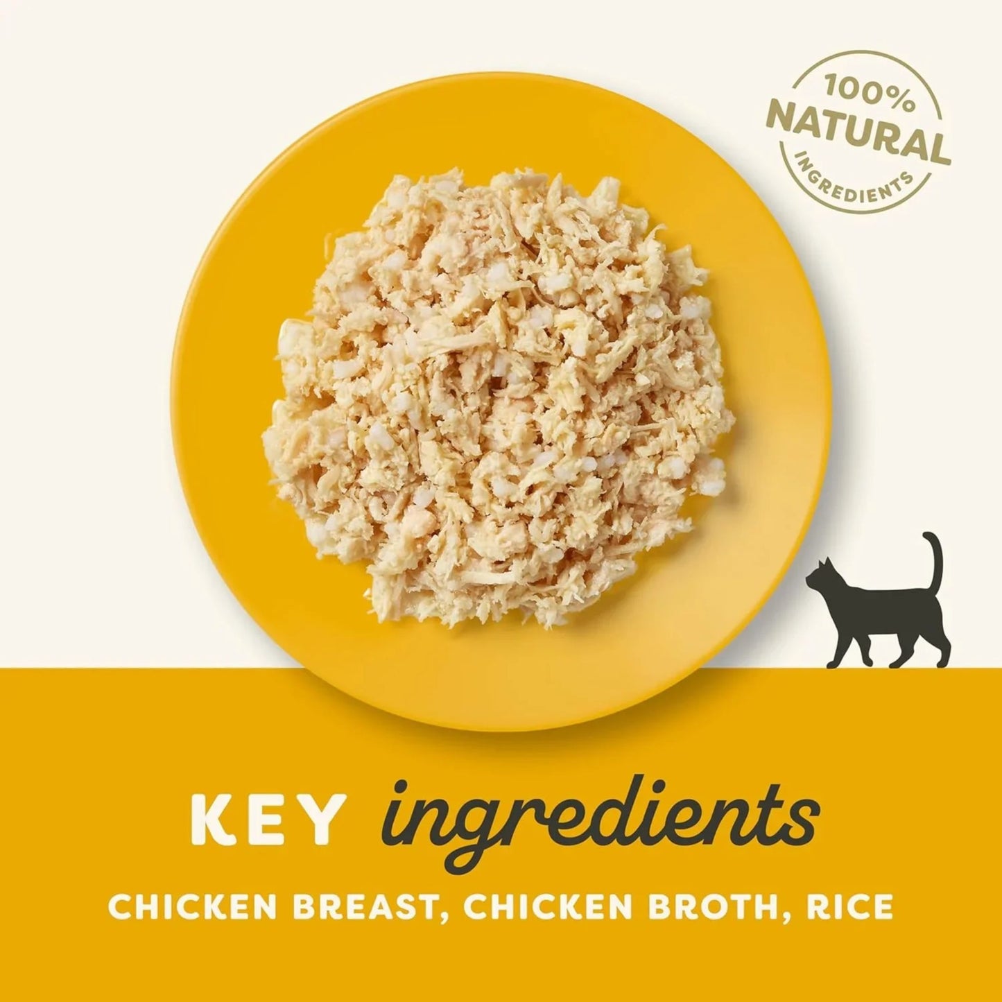 Yellow plate with cat food, '100% Natural' label, and key ingredients listed.