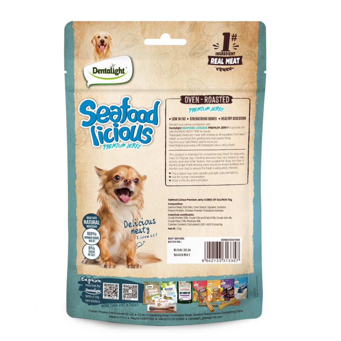 Dog treat package labeled 'Seafood Licious' with branding and product details on a white background.