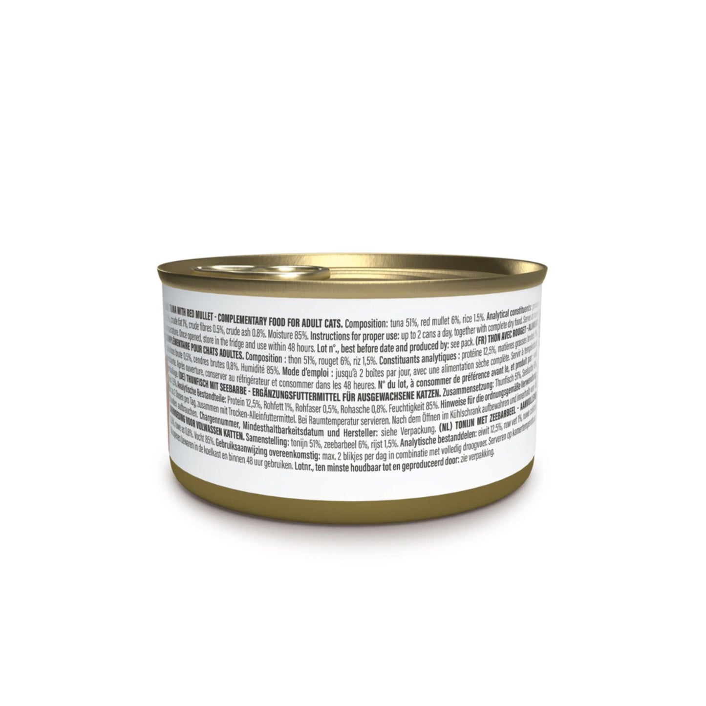 Canned pet food with a gold lid on a white background