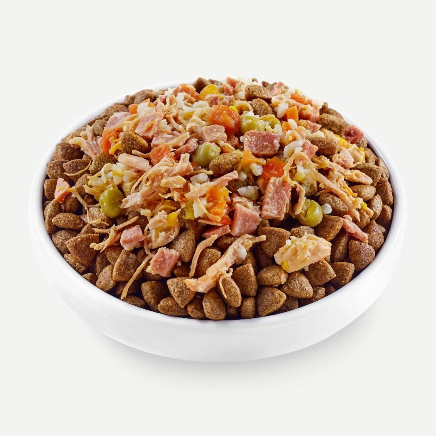 Dog food mix with visible ingredients in a white bowl on a white background