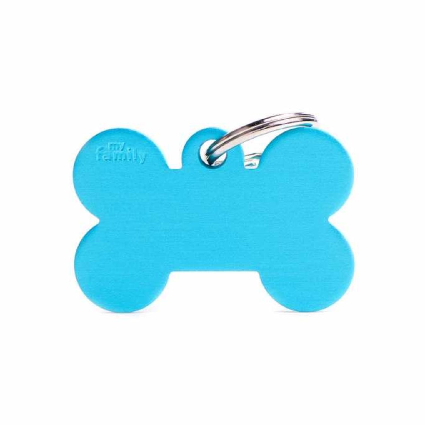 Blue bone-shaped dog tag with a silver ring on a white background