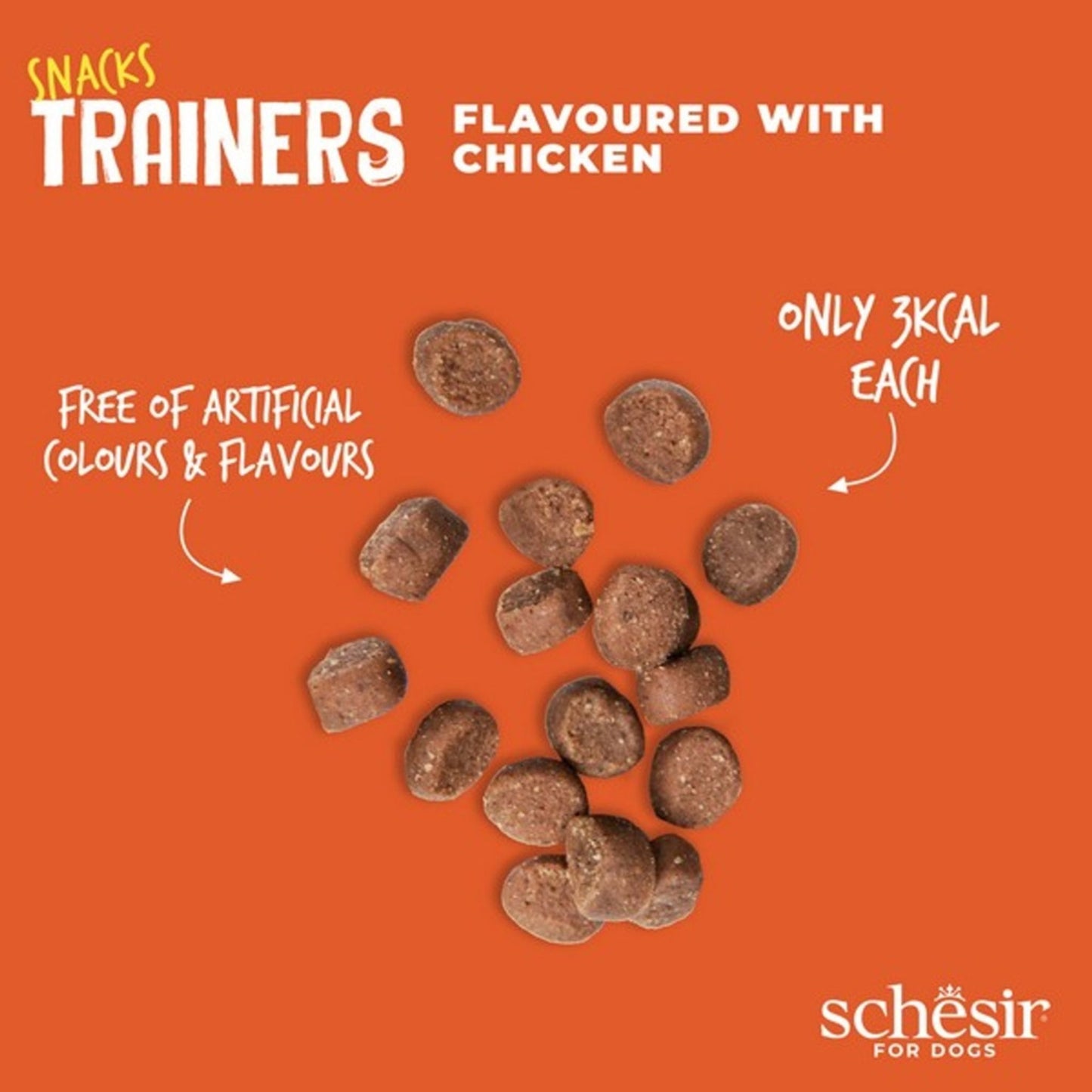 Dog treats labeled 'Trainers' on an orange background with text about ingredients and health benefits.