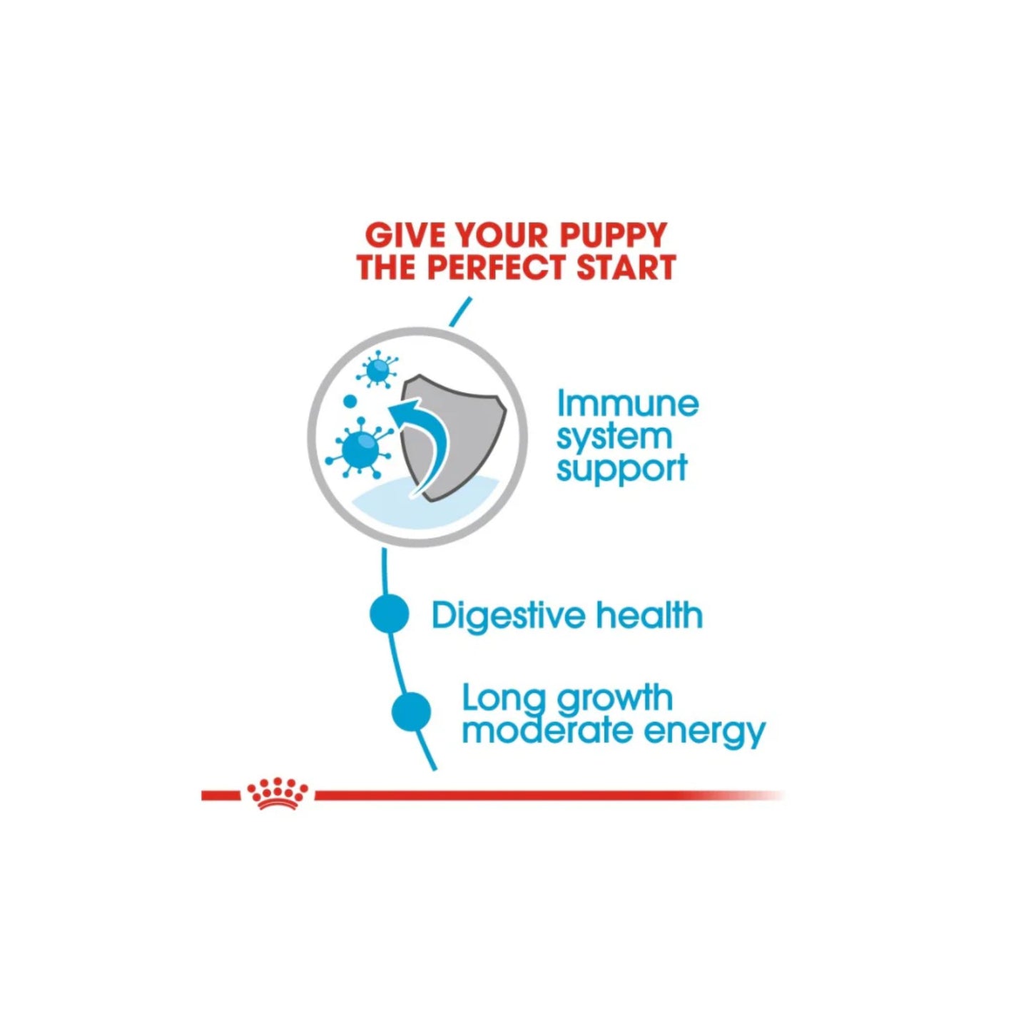 Diagram promoting immune system support, digestive health, and growth for puppies with a brand logo.
