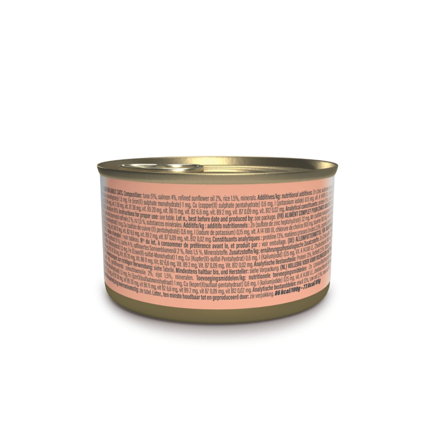 Canned food with a pink label on a white background