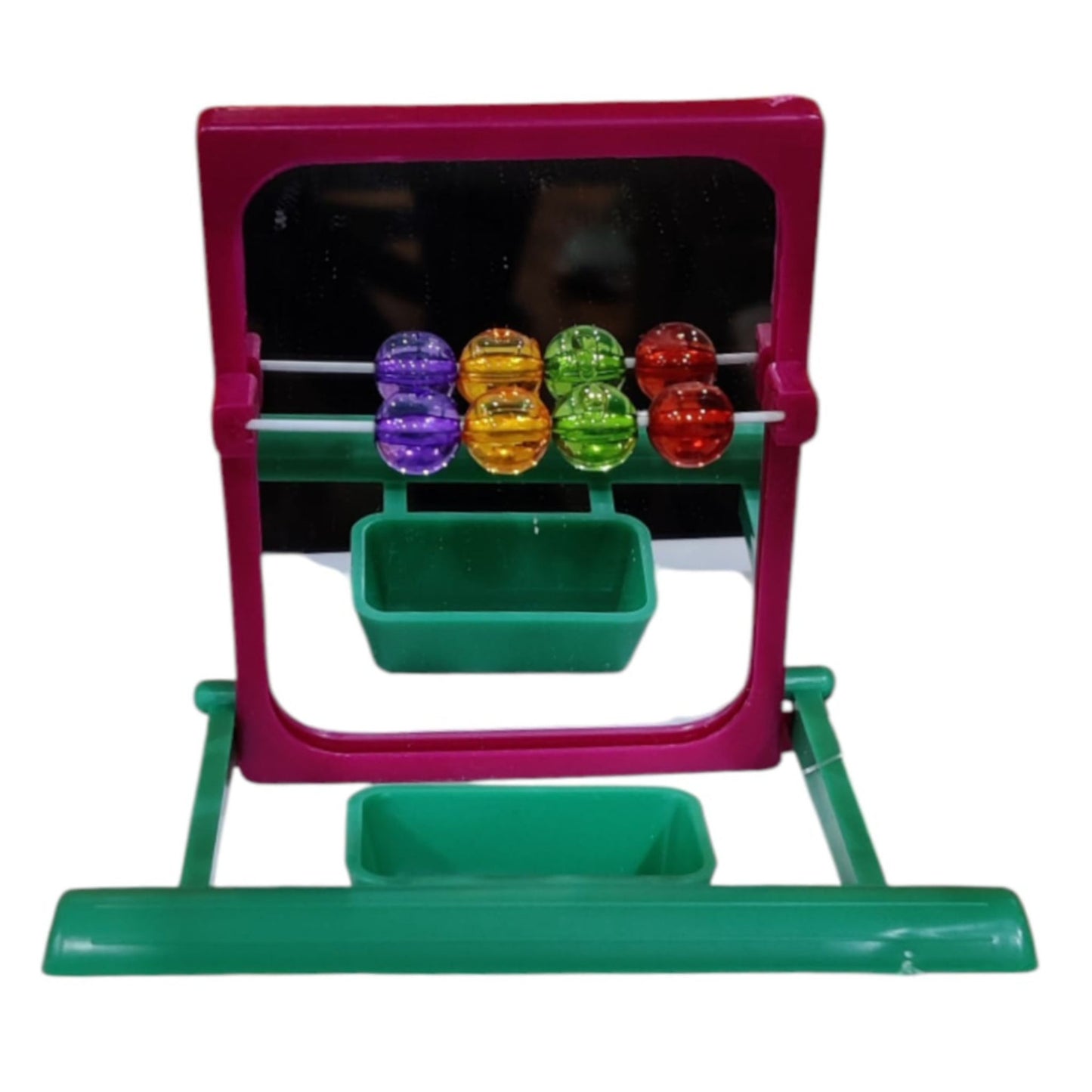 Toy abacus with colorful beads on a white background