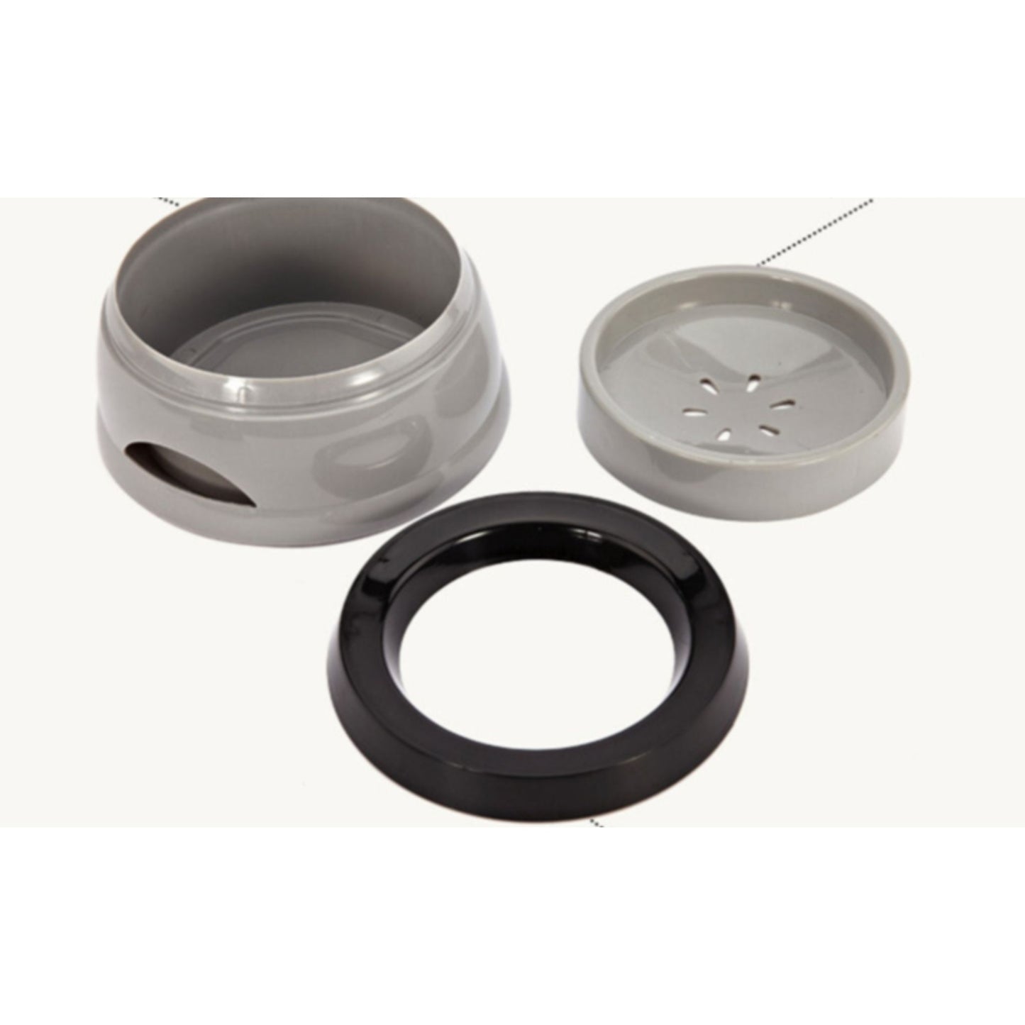 Three grey ceramic bowls with a black rubber ring on a white background