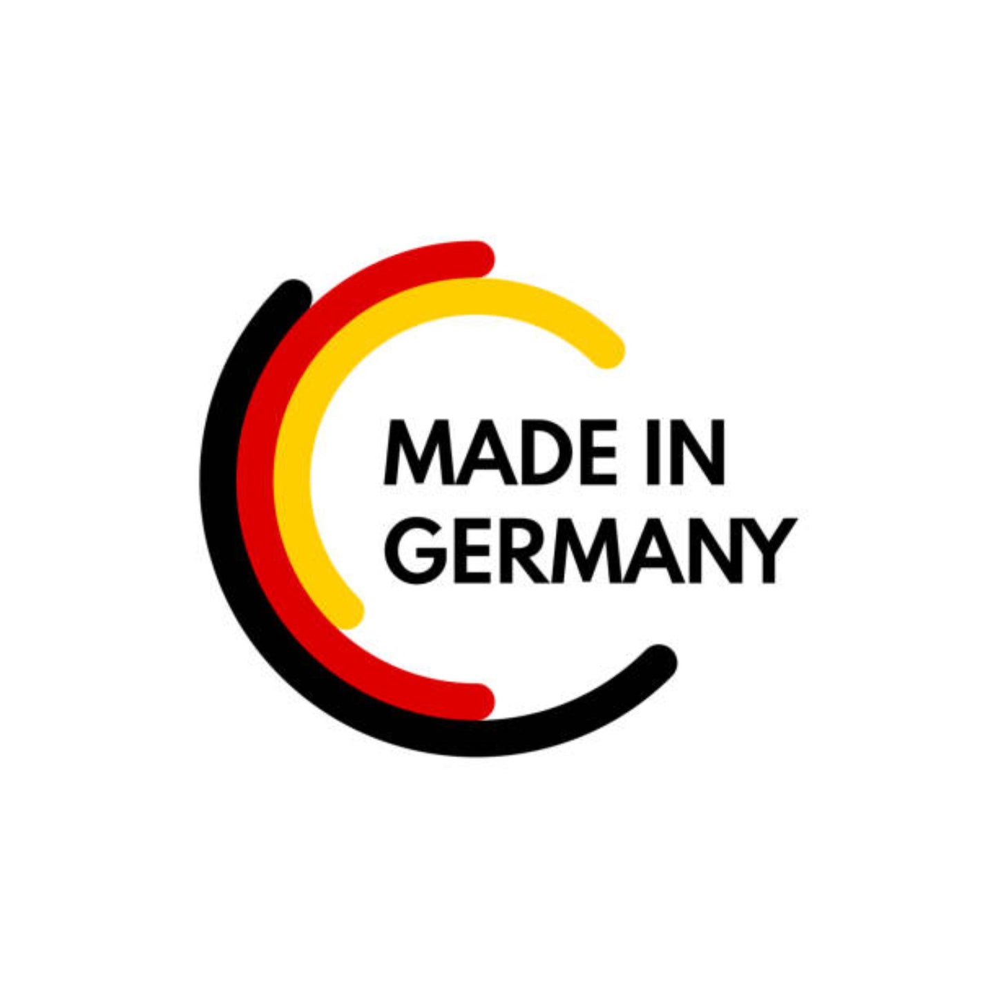 Logo with red, yellow, and black curved lines and 'Made in Germany' text on a white background