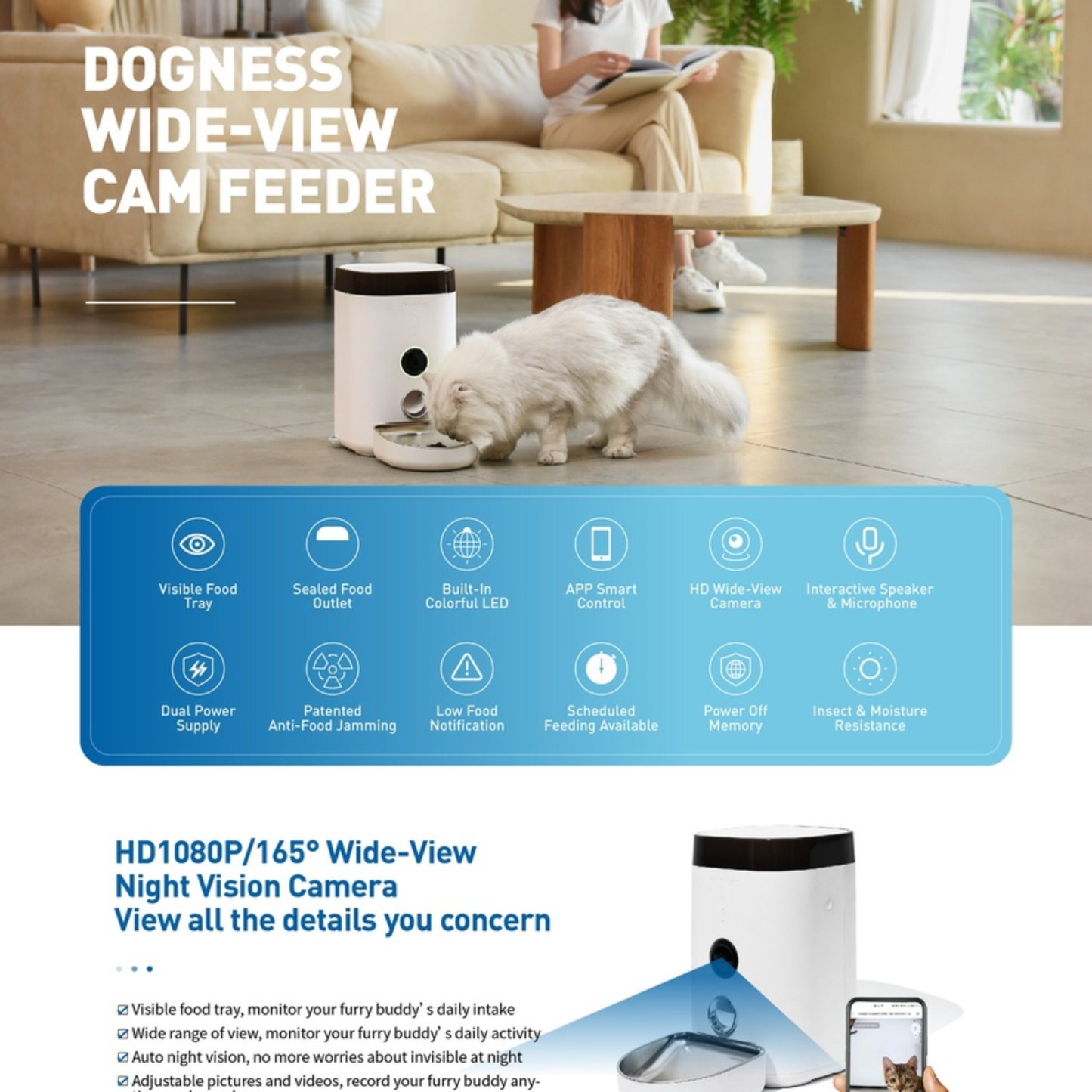 Dogness wide-view cam feeder in a living room setting with a dog eating from it.