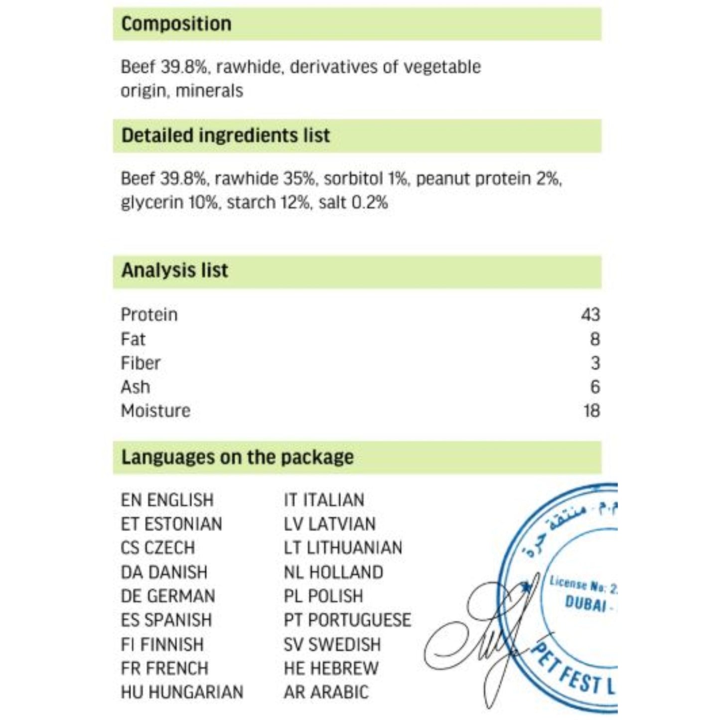 Nutritional information and ingredient list