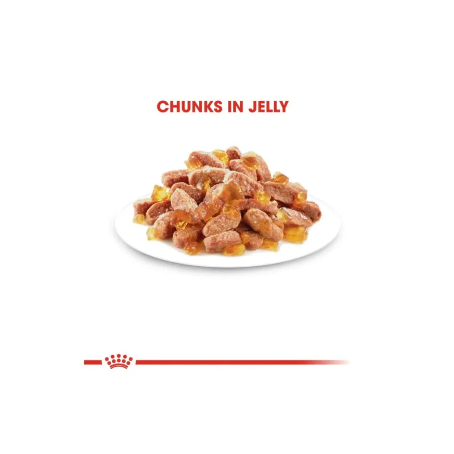 Cat food chunks in jelly on a white plate with 'Chunks in Jelly' text above.
