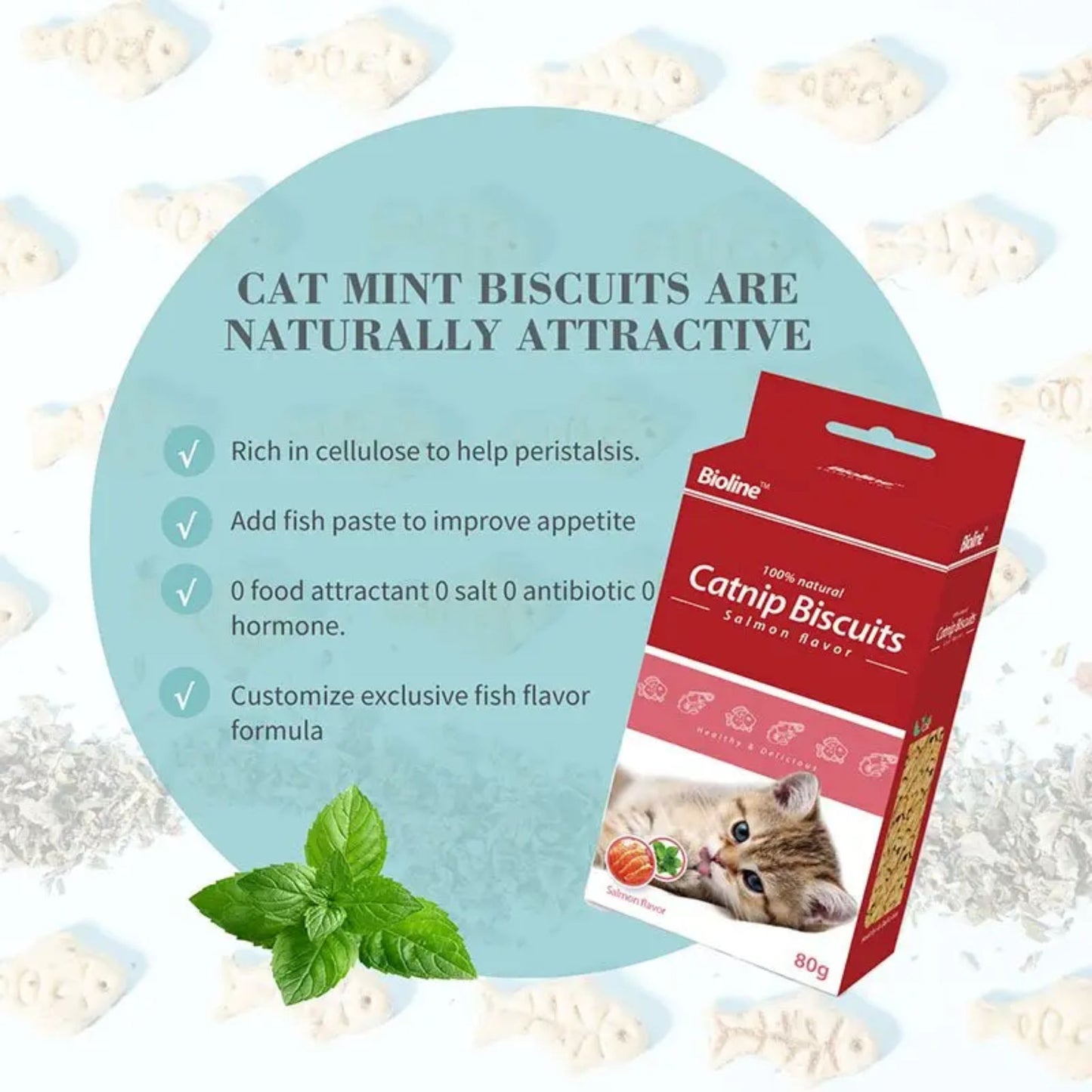 Bioline Catnip Biscuits Salmon Flavor Cat Snacks - 80g