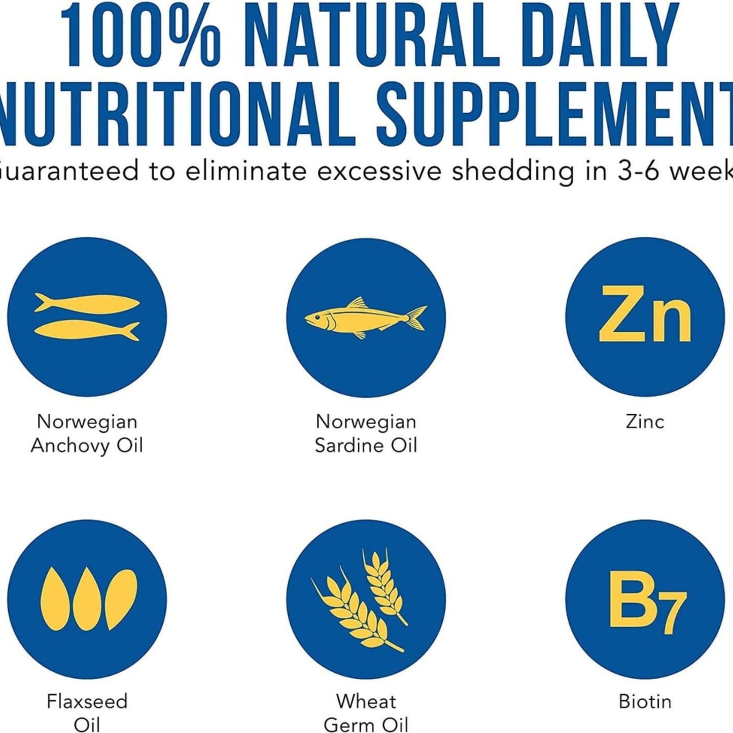 Nutritional supplement product with icons and text on a blue background