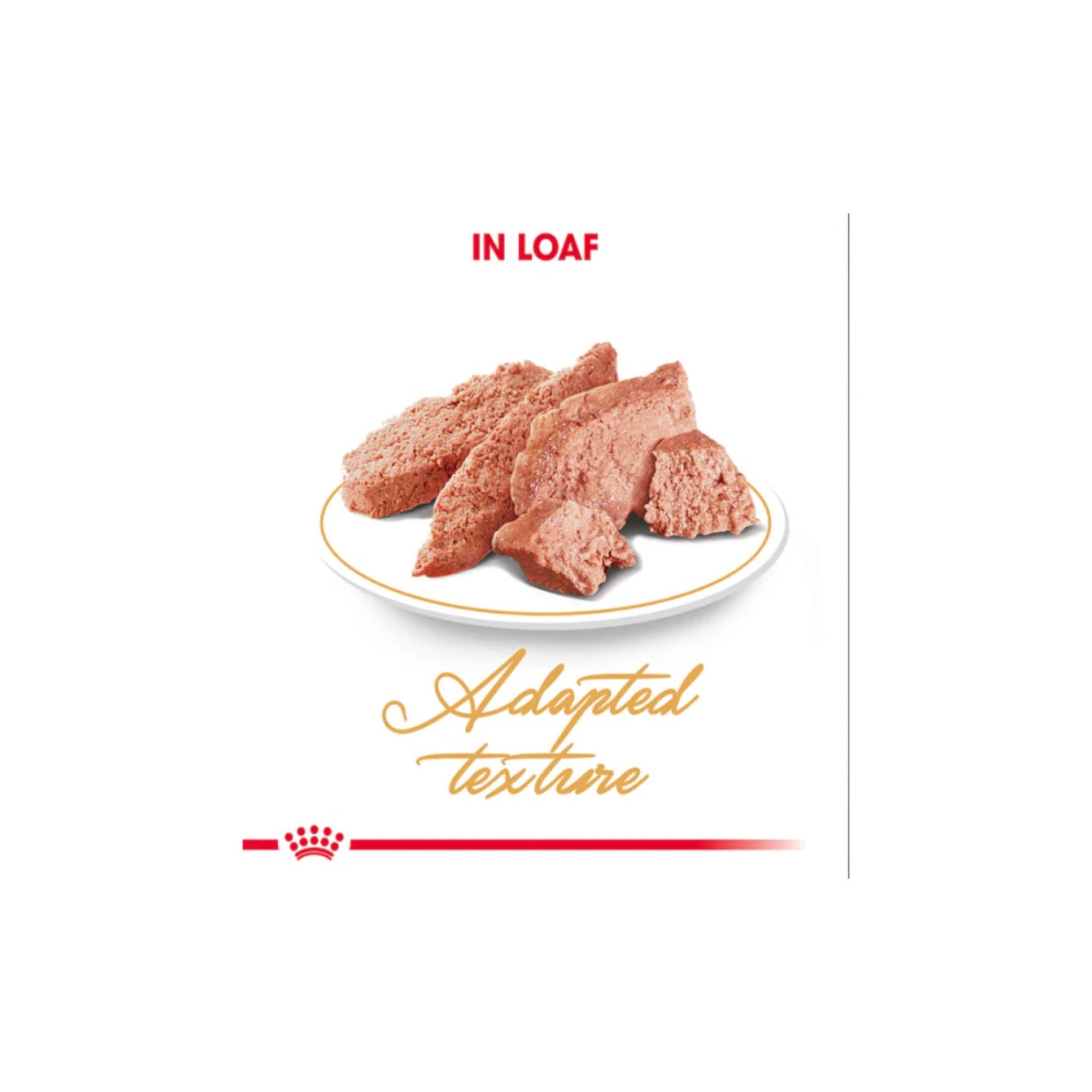 Loaf of meat with 'In Loaf' text and 'Adapted texture' text on a white background