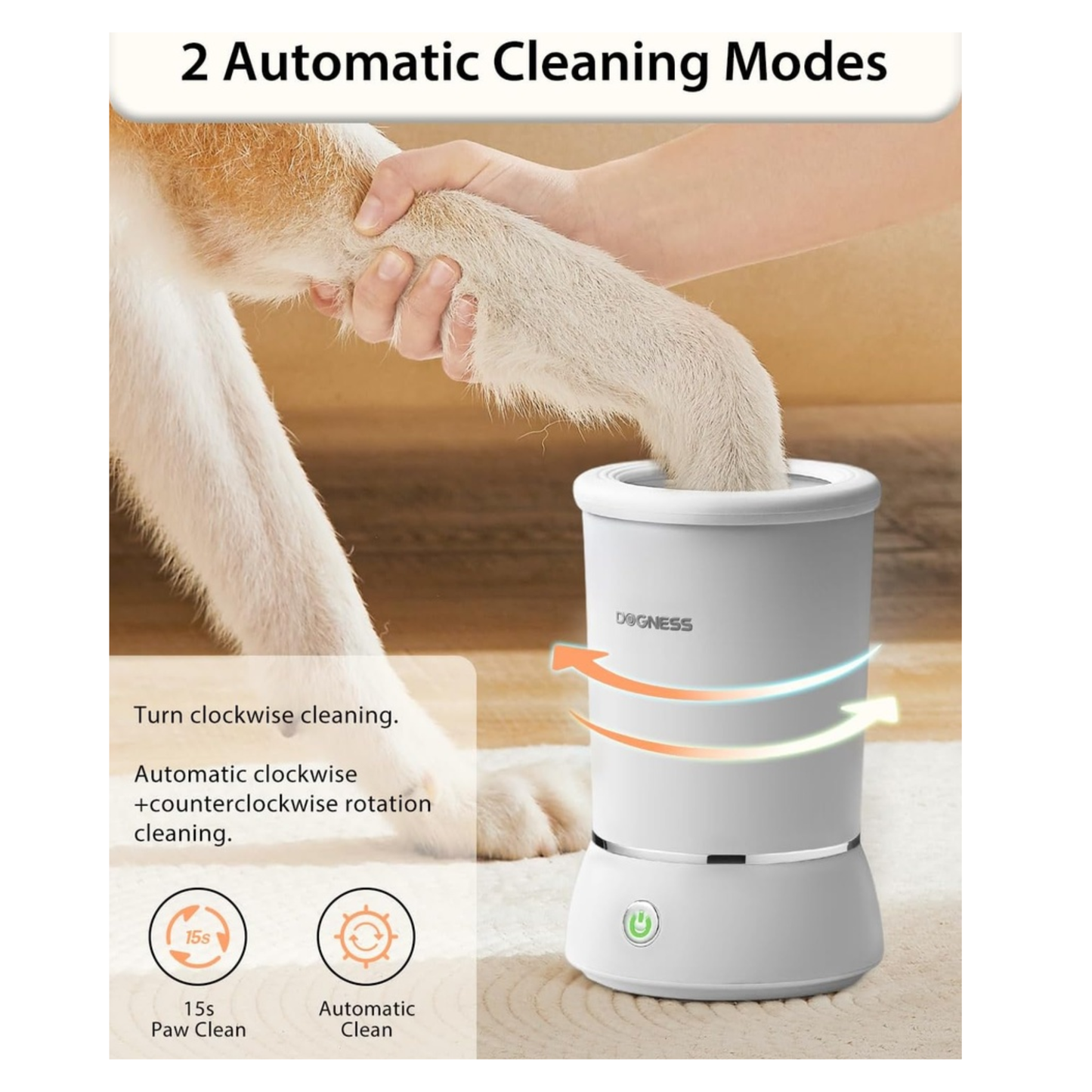Pet paw cleaning device with a dog's paw being cleaned, labeled '2 Automatic Cleaning Modes'.