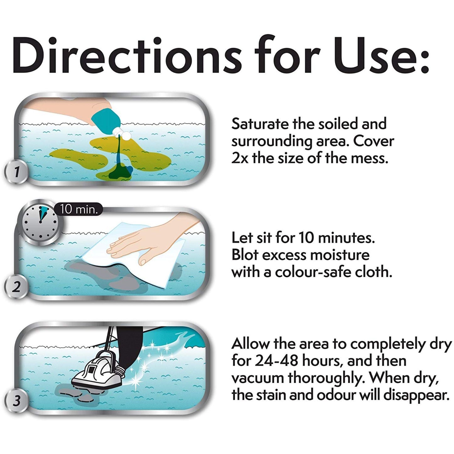 Step-by-step cleaning instructions with illustrations and text on a white background