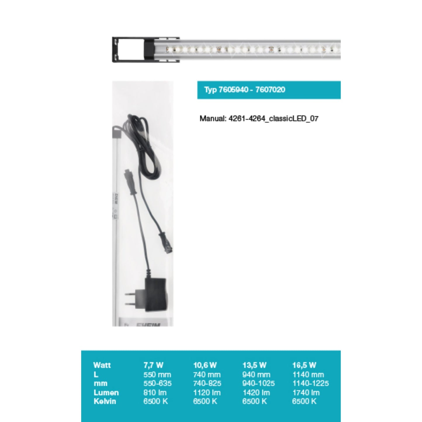 LED light strip packaging with technical specifications on a white background