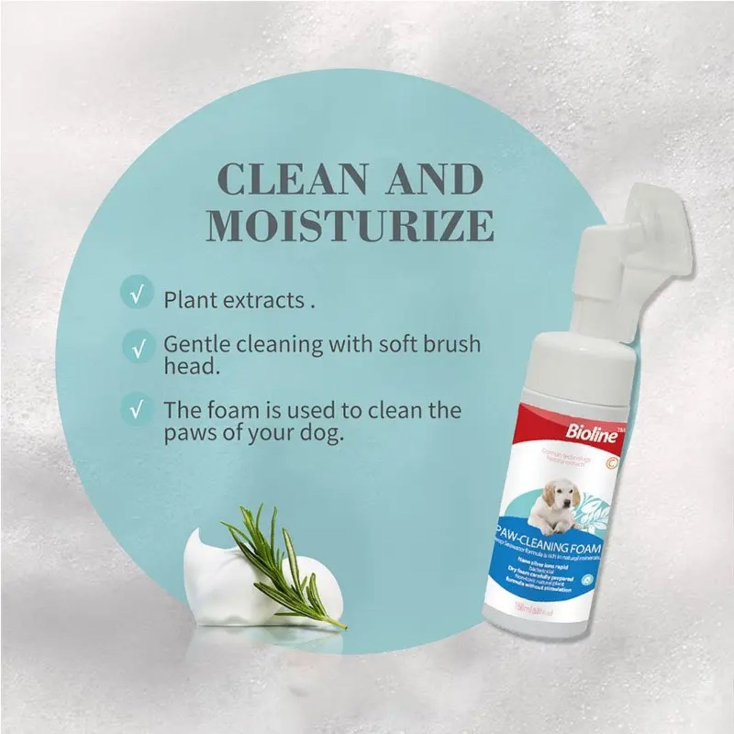 Bioline dog paw cleaning foam with plant extracts and soft brush head on a light gray background.