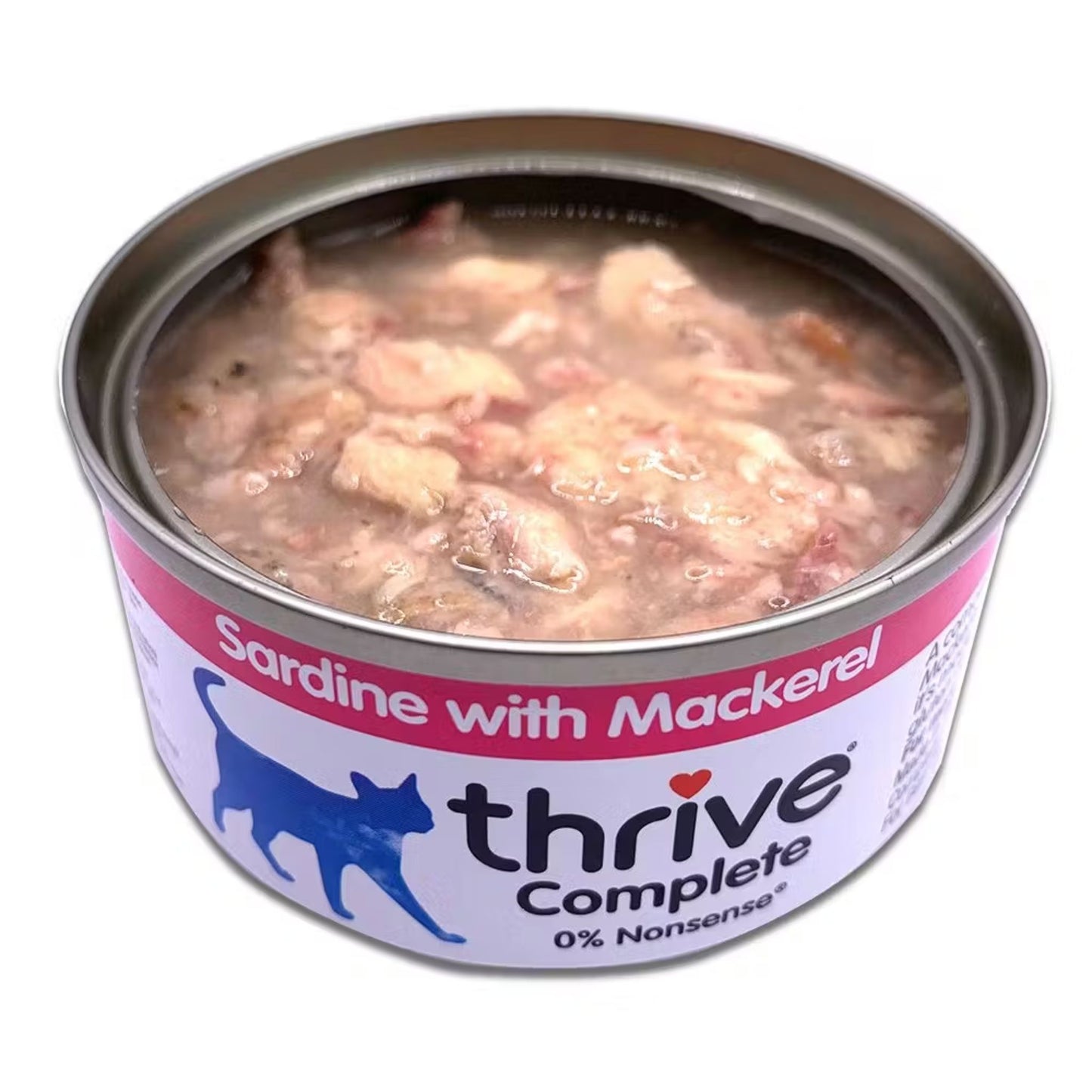 Can of Thrive Complete sardine with mackerel cat food on a white background