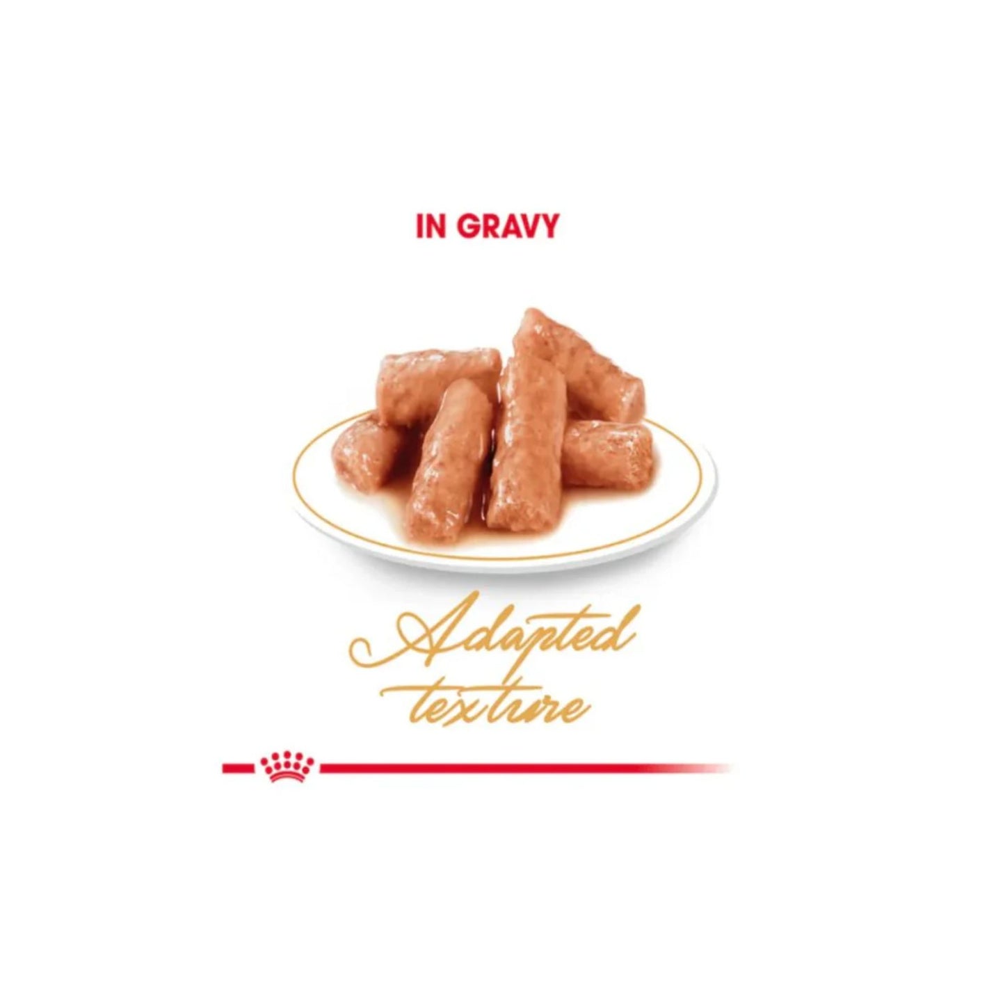Plate of sausages with text 'In Gravy' and 'Adapted Texture' on a white background